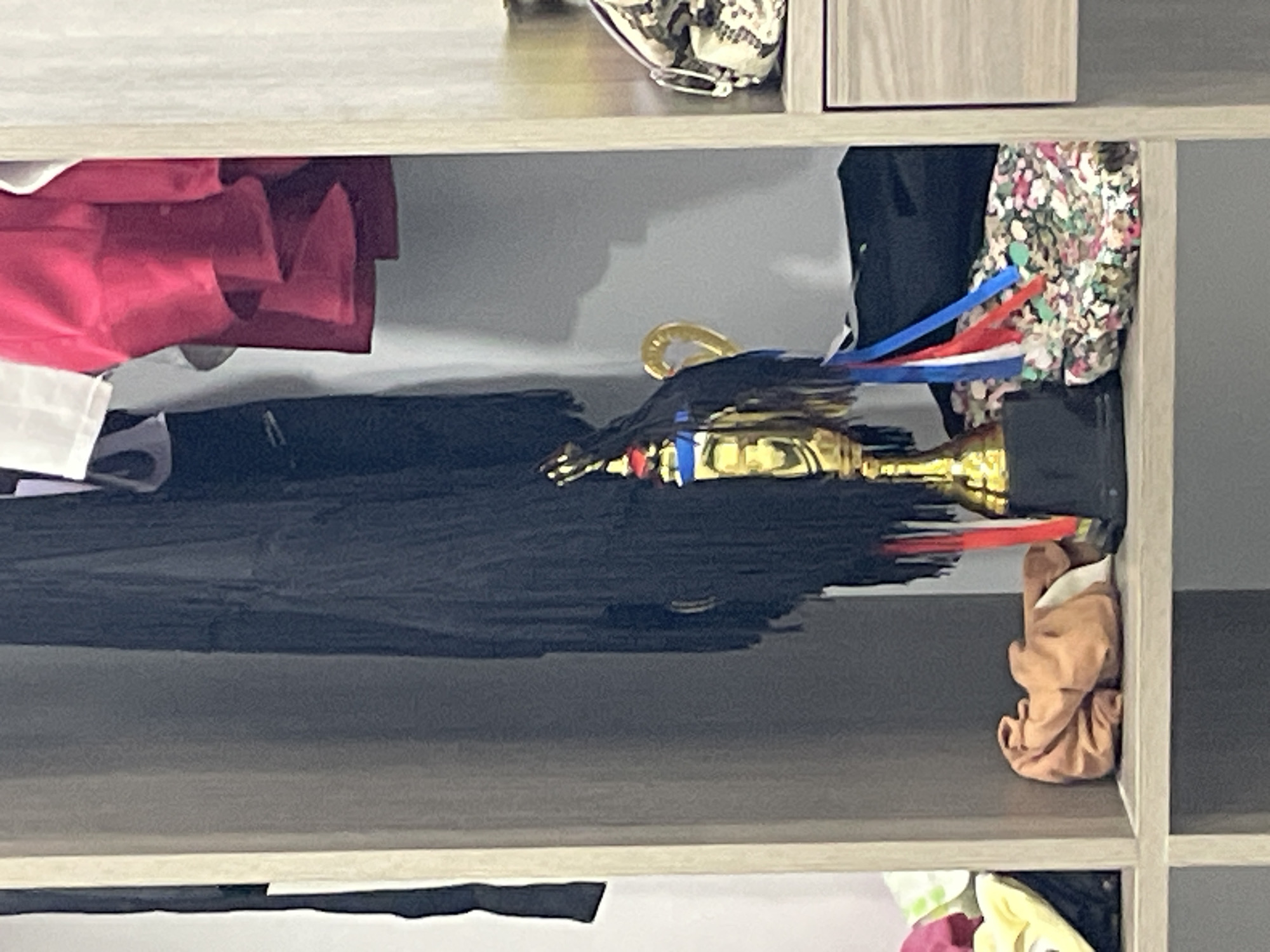 The image shows a closet with various items stored on shelves. In the center, a golden trophy with a black fringe and red, white, and blue ribbons is prominently displayed. To the left of the trophy, a black fringed garment hangs down. To the right of the trophy, a floral patterned fabric is visible. On the shelf below, a brown folded cloth is placed. In the background, red and white garments are hanging. The closet has wooden shelving and doors. The setting appears to be domestic. There is no discernible information about the city of Thuận An, Vietnam.