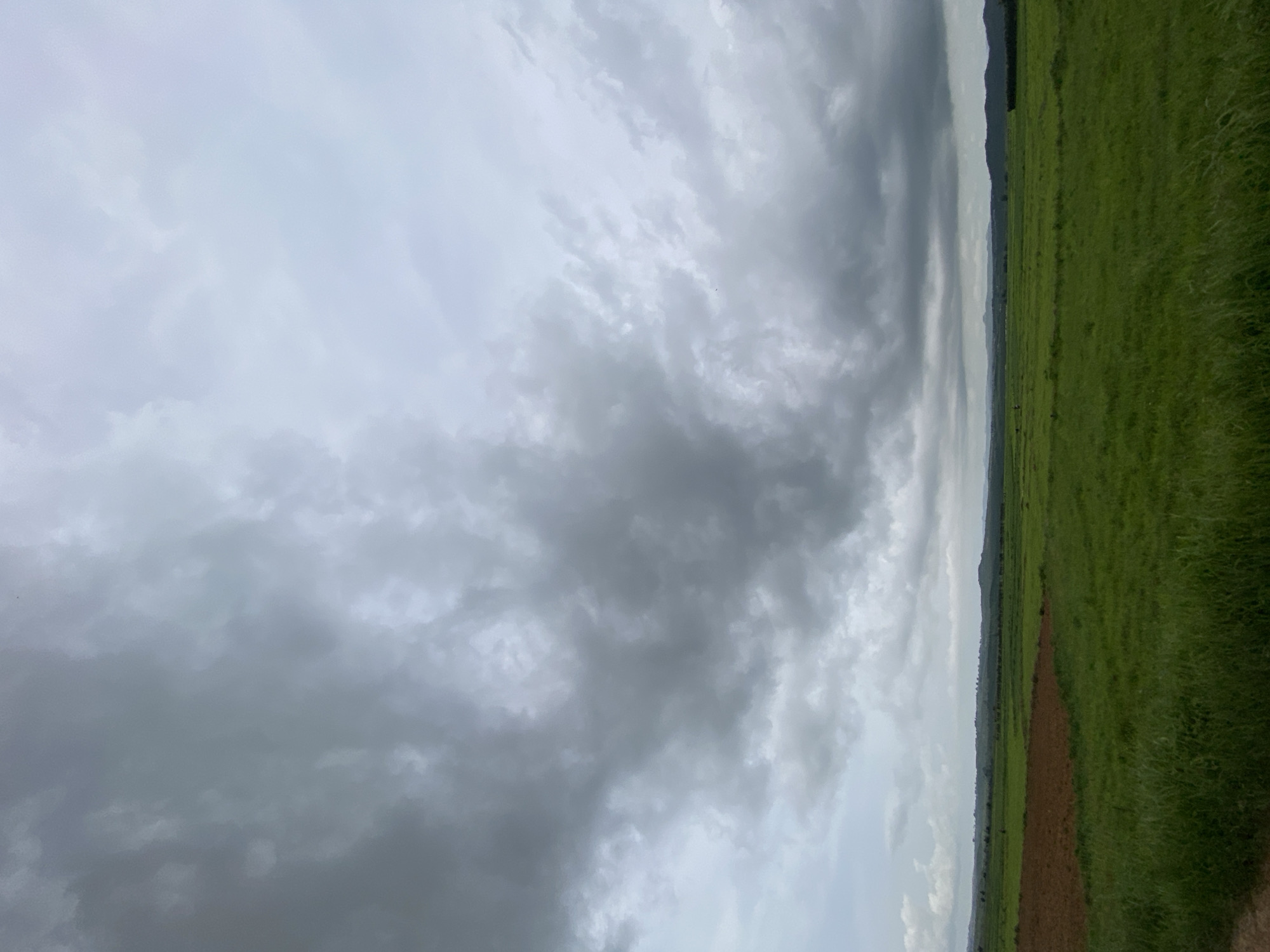 The image depicts a wide, flat expanse of green fields under a heavily clouded sky. The foreground is dominated by tall, green grass, with a patch of tilled brown earth to the left. In the midground, rows of tilled earth appear as darker green rectangles, suggesting agricultural activity. The background features a distant line of low hills or mountains. A dark, indistinct mass, possibly a building or a cluster of trees, is visible on the far right horizon. The sky is filled with dark, textured clouds, indicating an overcast or stormy day. The overall scene is rural and appears to be located in the city of Makera, Nigeria, judging by the prevalent landscape. There are no people or animals visible in the image.
