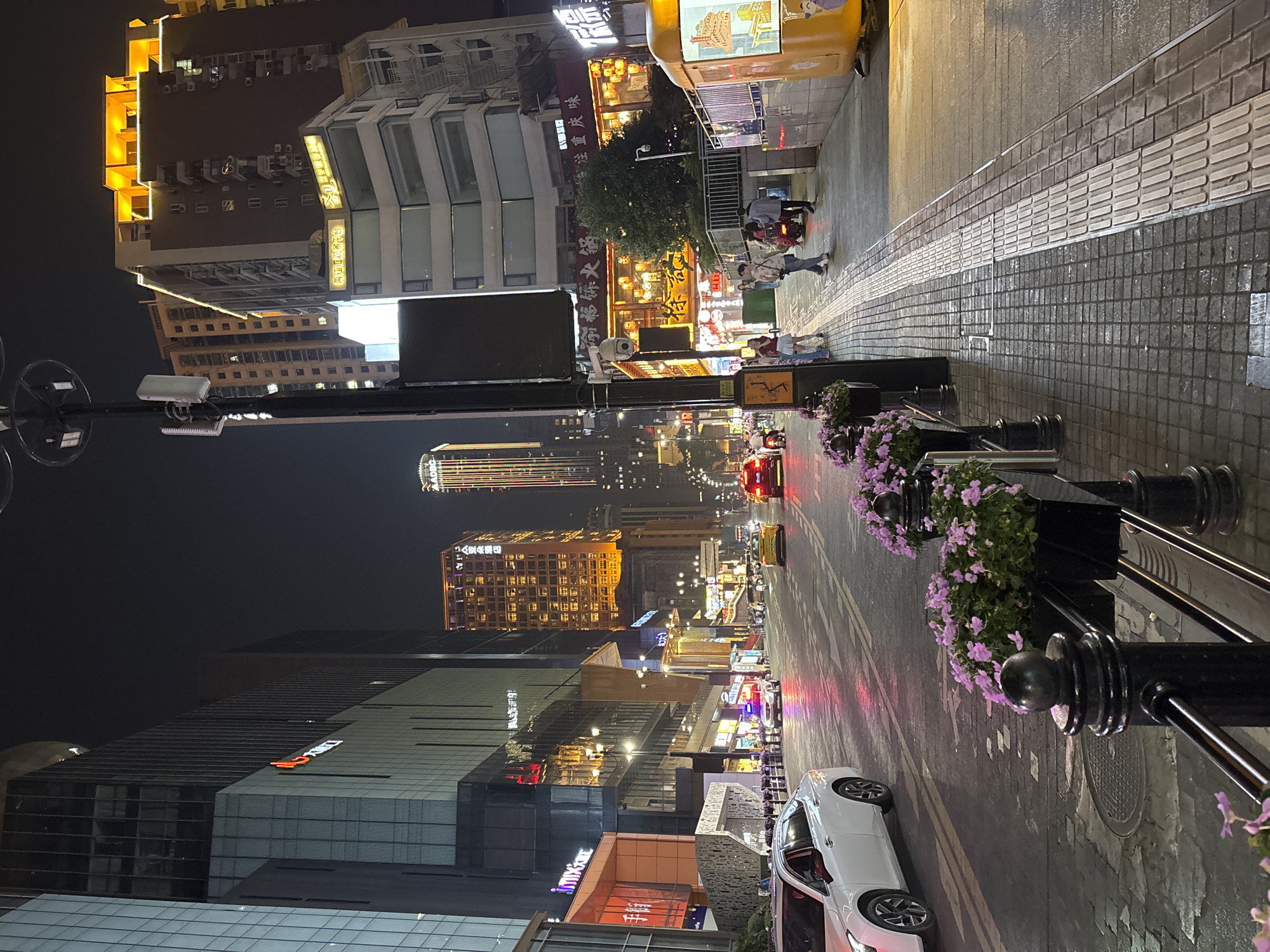 The image captures a nighttime scene in Yuzhong District, China, showcasing a vibrant street illuminated by artificial lighting. The street stretches into the distance, lined with tall buildings with lit windows. A pedestrian walkway, defined by a textured surface and flower planters, runs along the right side. People are seen walking along the walkway, engaged in various activities. Cars drive on the road, their headlights and taillights reflecting on the wet asphalt. Signs and billboards, written in Chinese characters, add to the urban ambiance. The scene suggests a busy commercial or entertainment district in Yuzhong.