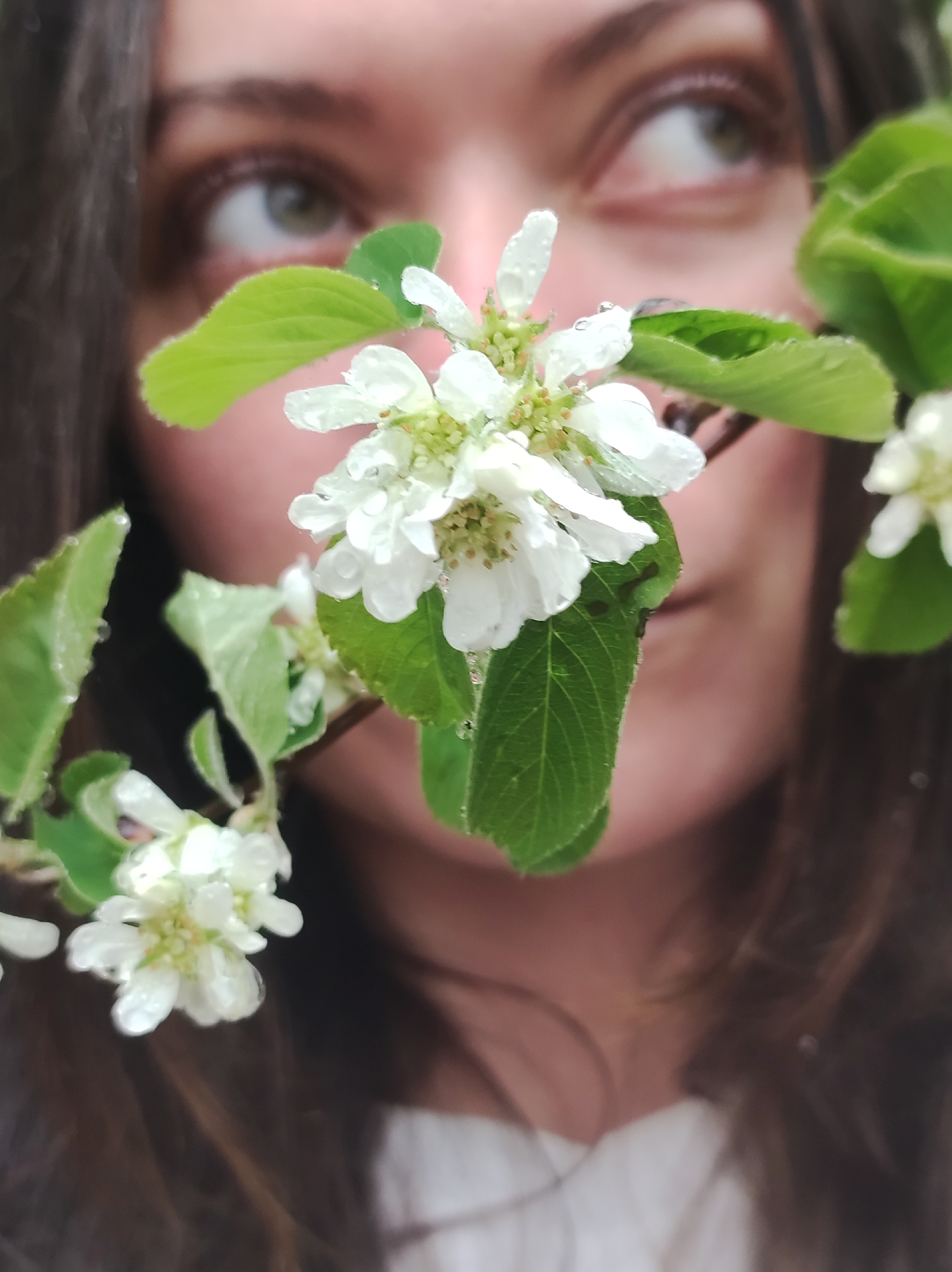 A woman with brown hair and green eyes looks upwards through a branch of white flowers with green leaves. Water droplets are visible on the flowers and leaves. The background is blurred. The location of the image is not evident.