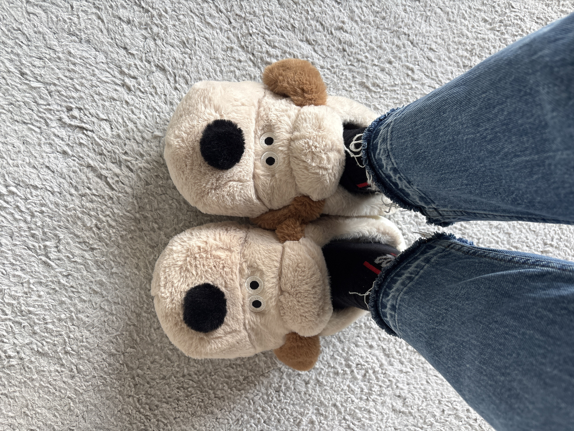 The image shows a person wearing blue jeans and black socks with red stripes, and a pair of plush dog-shaped slippers. The slippers are off-white with brown floppy ears and black nose patches. The person is standing on a light gray, textured carpet. The location, Cheshnegirovo, Bulgaria is not determined from the image.