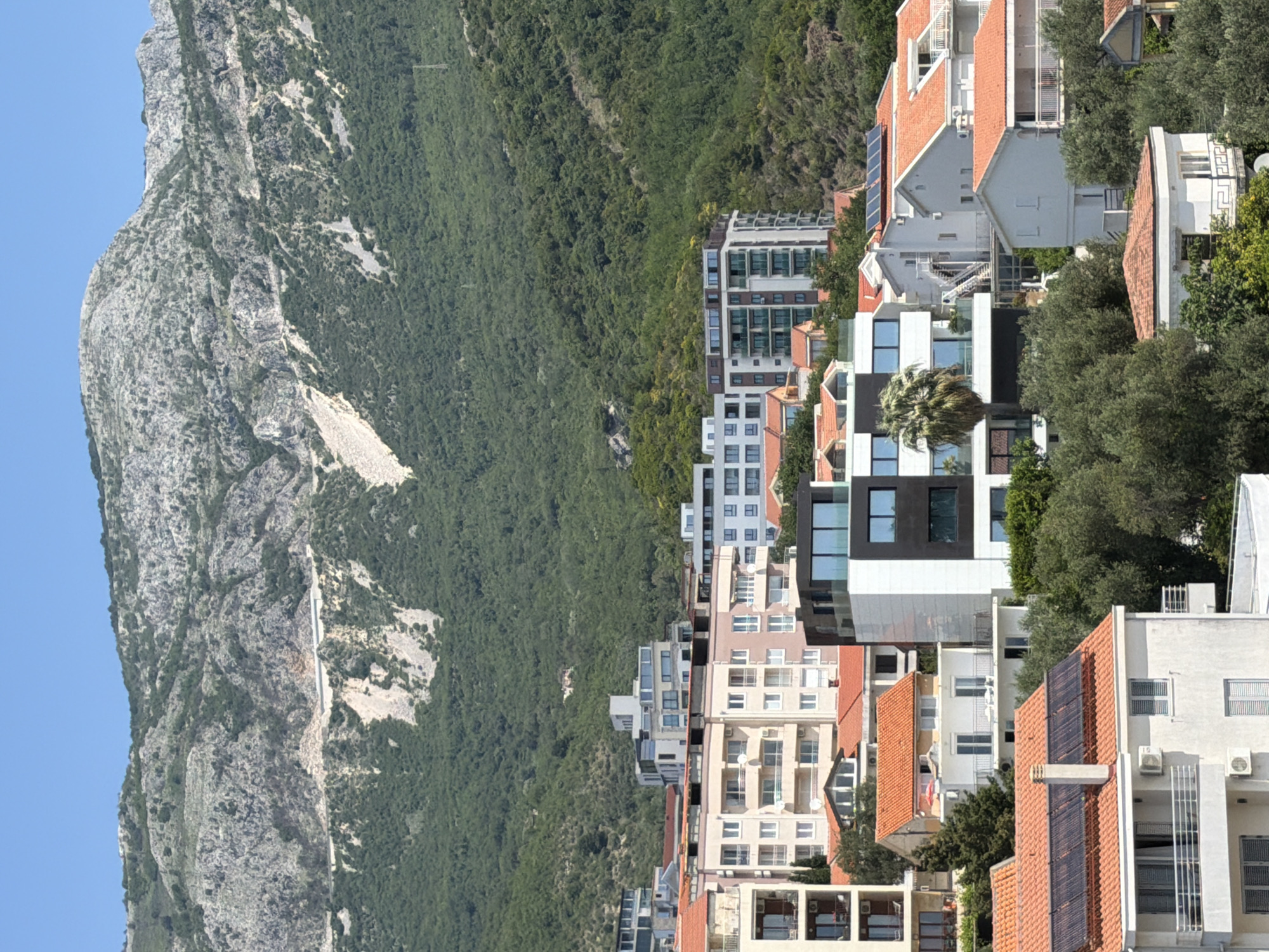 The image shows a view of the city of Boreti, Montenegro. The town is situated along a coastal strip at the base of a steep, rocky mountain, which is heavily forested. The architecture is a mix of modern and traditional styles. Buildings are predominantly white with some featuring red-tiled roofs and solar panels. Lush green trees are interspersed among the buildings. The sky is a clear, light blue.
