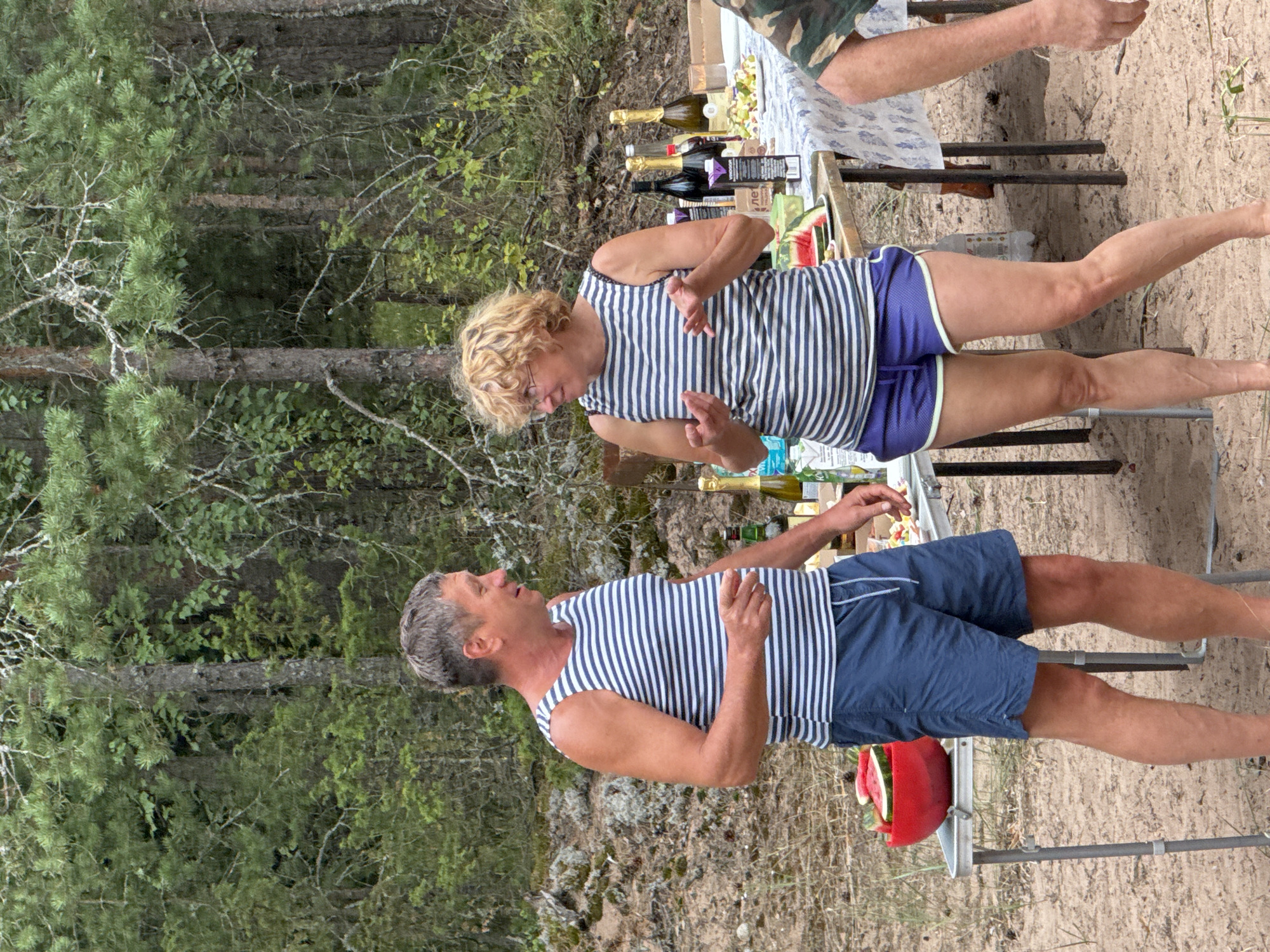 An outdoor daytime medium shot captures a man and a woman standing in a wooded area, likely Zelenaya Roshcha, Russia, engaged in conversation. The man, on the left, wears a blue and white striped tank top and navy blue shorts. He has gray hair and is looking to his right. The woman, on the right, has blonde, curly hair, glasses, and wears a similar blue and white striped tank top and purple shorts. Her hands are raised in a gesture of speech.
Behind them, a table is set up with various items, including bottles of drinks, a bowl of watermelon slices, and what appears to be a spread of food. The ground is sandy and covered with dry grass and pine needles. The background is dominated by pine trees and dense green foliage, suggesting a natural, possibly park-like, setting. The overall atmosphere appears relaxed and informal, indicative of a picnic or outdoor gathering.