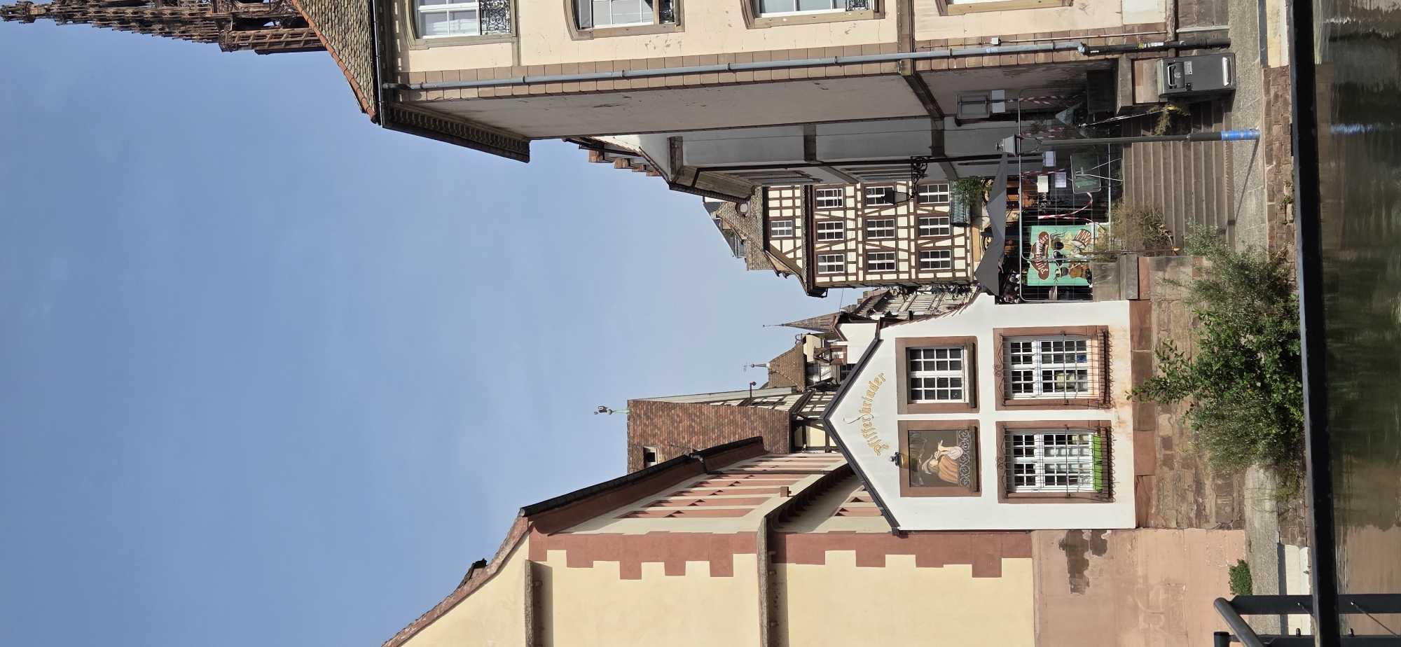 This is a vertical, eye-level shot of a narrow street in Strasbourg, France, likely in the historic Petite France district, with buildings lining a canal. The sky is clear and blue.
On the left is a light yellow building with red trim. To its right, a smaller white building features a mural of a man playing a flute above two windows. The building's name, "Pfifferbriader," is painted in yellow arching above. Two more windows with decorative grates are below. In front of this building, a set of stone steps leads up to an entrance, with cafe umbrellas and tables visible.
To the right of the white building is a tall, narrow, half-timbered building with brown beams and white infill. Further to the right, the facade of a peach-colored building is visible, with a decorative cornice and windows. In the background, the spire of a Gothic cathedral, likely Strasbourg Cathedral, rises above the other structures.
In the foreground, a dark metal railing runs along the edge of a body of water, reflecting the scene above. Greenery, including bushes and a small tree, grows along the canal bank and near the steps. A dark gray trash bin stands near the top of the stairs. The scene is peaceful and bathed in natural light.