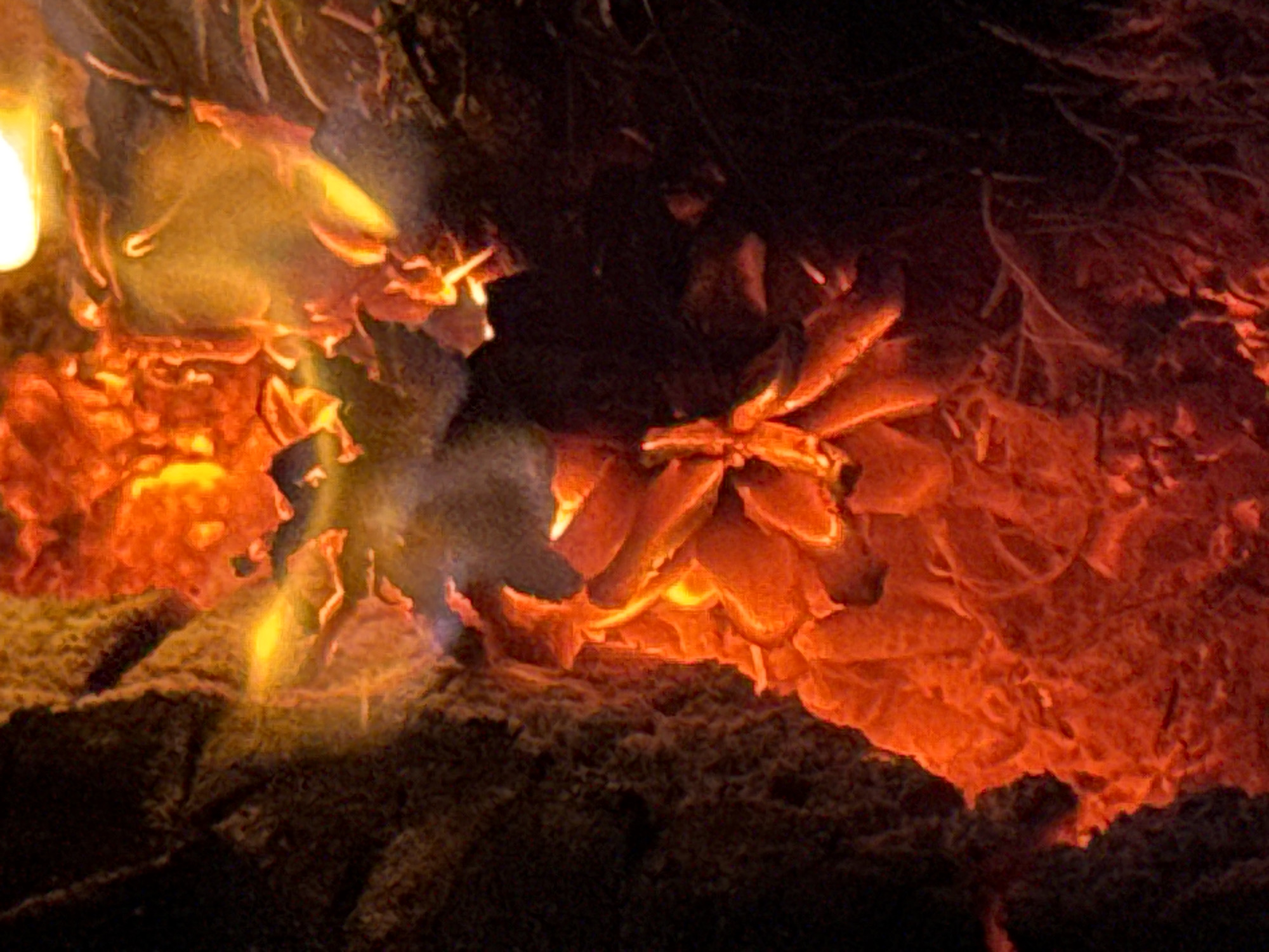 The image presents a detailed close-up of intensely burning material, located in the city of Shepelevo, Russia. The dominant colors are vivid reds, oranges, and yellows, indicative of high thermal energy and combustion.
A prominent mass of glowing material occupies the central and lower portions of the frame. In the lower-center, distinct, elongated, orange-red forms are clustered, resembling individual burning embers or fragments arranged in a radial pattern. Below and to the left of this cluster, a larger, undulating mass of bright orange-red material is visible. The upper-right displays amorphous bright yellow and orange areas, suggesting the most intensely hot regions or active flames.
On the left side, a darker, textured surface, possibly an earthen bank or structure, is partially illuminated by the adjacent glow, revealing a rough, granular texture. A narrow, horizontal streak of bright yellow light, likely an escaping flame or superheated gas, is present in the mid-left, with a faint plume of whitish-grey smoke visible above it. The far right and lower-right sections are predominantly dark, revealing faint, thin, irregular fibrous structures, possibly remnants of vegetation or ash, against the obscured background. No individuals or distinct man-made objects are identifiable within the scene.