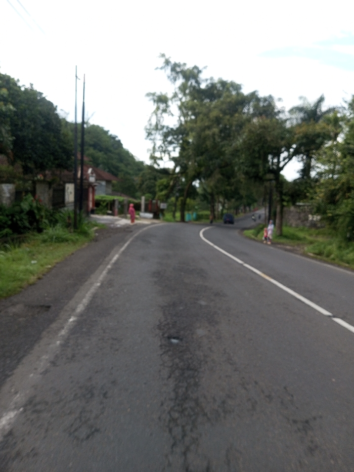 The scene depicts a curving asphalt road in Domphoog_Dungkarchhoeling, Bhutan, viewed under an overcast sky. The road surface exhibits extensive cracking and multiple potholes. A solid white line demarcates the right edge of the primary lane visible, with a faint, broken white line further to the right. A dirt and grass shoulder borders the road on the left.
On the left side, two dark, vertical utility poles rise from the shoulder. Behind these, several structures with light-colored walls and reddish roofs are partially visible, set amidst dense green vegetation. A large, tree-covered hill forms the dominant background feature on this side. A single individual, dressed in a solid red or pink garment, stands on the left shoulder, oriented towards the road.
On the right side of the road, a dense line of mature green trees is present, with sections of a stone wall discernible behind the foliage. Further along the road, a dark-colored sedan travels away from the viewer, followed by another smaller, indistinct vehicle. Closer to the foreground on the right shoulder, two individuals are present; one wears light-colored attire and is positioned near a small, ambiguous object.
No overt interactions or specific actions are clearly distinguishable among the individuals. The environment is characterized by natural vegetation and infrastructure consistent with a semi-urban or rural roadway.