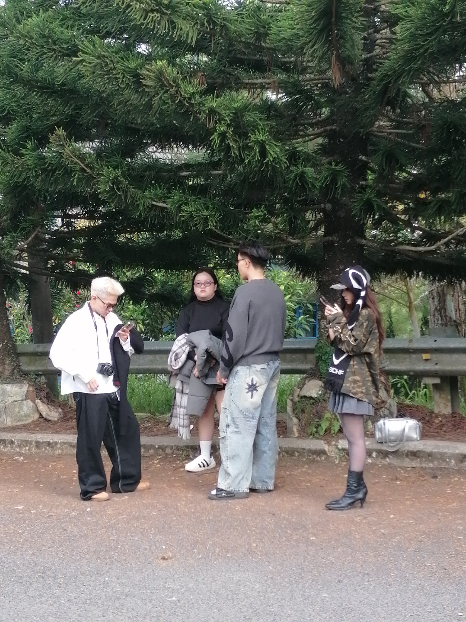 Four individuals, three appearing to be young adults and one younger, stand near a large pine tree in what is likely the city of Lâm Viên - Đà Lạt, Vietnam. The ground is paved with asphalt, with a rough concrete curb and a metal guardrail visible behind the group. The person on the far left, a male with bleached blonde hair, wears a white long-sleeved shirt, black pants, and sandals, and holds a phone. A camera is slung around his neck, and he is holding a dark jacket. Beside him stands a female wearing glasses, a black top, and plaid skirt. To her right, a male in a grey sweatshirt and distressed denim jeans is looking at his phone. On the far right, a female in a camouflage jacket, grey skirt, and black boots is also engaged with her phone. A silver handbag rests on the curb behind her. The background suggests a natural setting with dense foliage and the characteristic coniferous trees common in Đà Lạt.