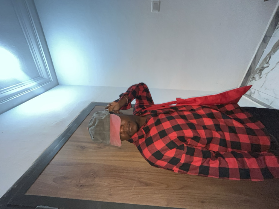 A man lies on a wooden floor, clad in a red and black checkered shirt. He wears a cap with a pink visor covering his eyes. A long red scarf lies across his shoulder. The camera's low angle shows the ceiling, which features a light fixture and decorative molding. A wall with marble tile is visible in the background. The room is dimly lit.