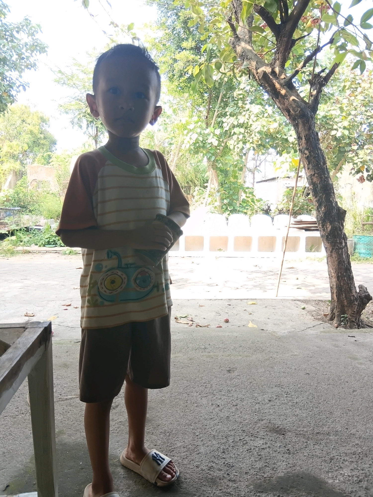 In Cikal, Indonesia, a young boy stands outdoors, facing the camera. He is wearing a striped t-shirt with orange sleeves and brown shorts, along with white slide sandals. He holds an object in his hands. The background features a tree to the right, foliage, and a white wall with square cutouts. The ground is paved with concrete, and there are some fallen leaves and small red fruits scattered on it. The lighting suggests it is daytime.