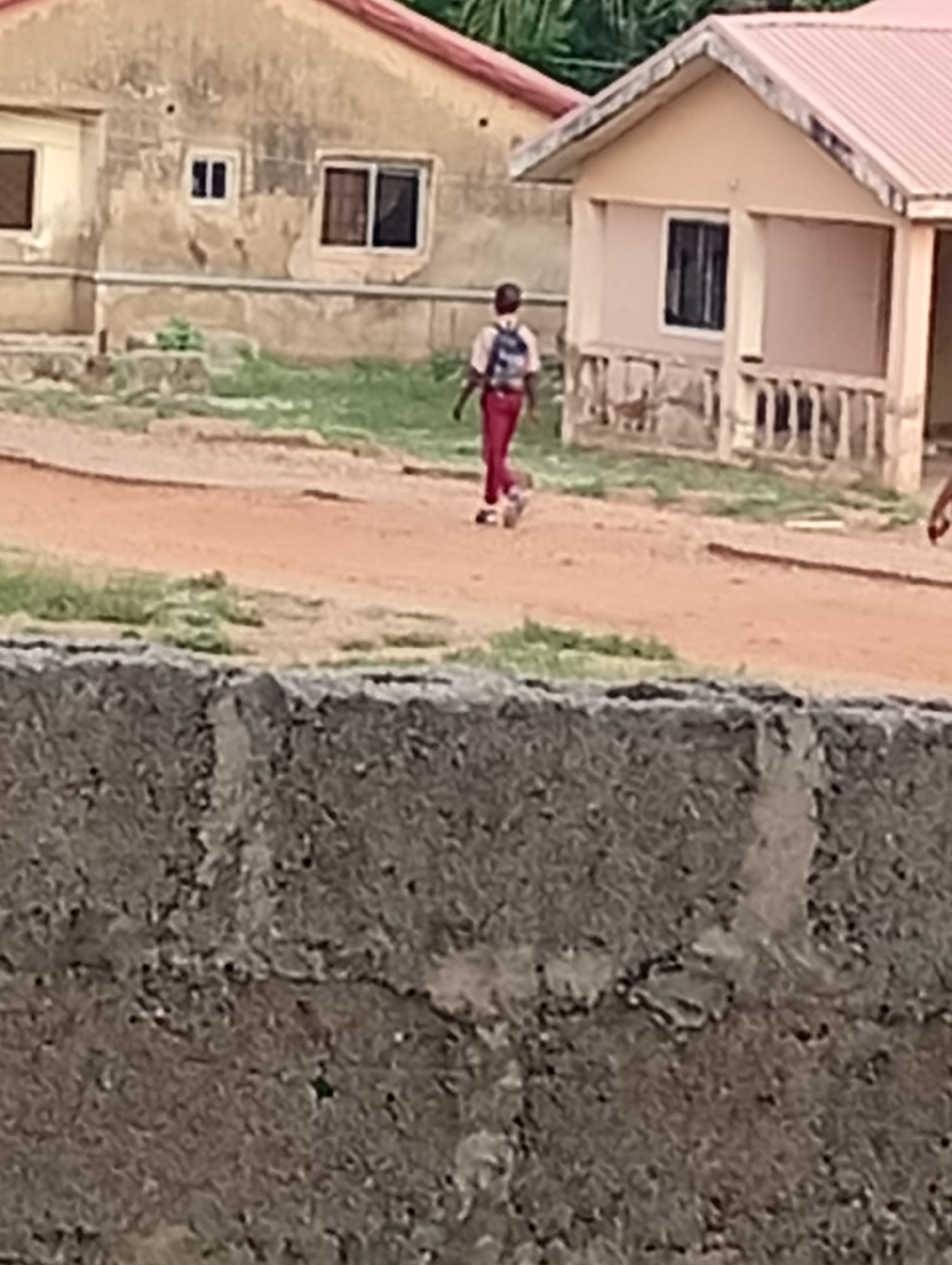 A partially obscured view shows a dirt road in Adankolo, Nigeria. A person wearing red pants and carrying a backpack walks along the road. A concrete wall occupies the foreground. In the background are two buildings, one faded yellow and one a newer peach color. The sky is not visible.
