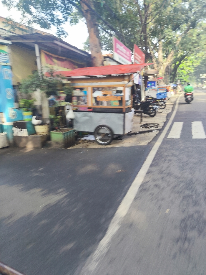 The image shows a street scene in Bandung, Indonesia, taken from a moving vehicle. The camera is focused on a street cart with a red roof and a gray body, located on the right side of the street. The cart is parked and appears to be selling food. The street has a white line down the middle, and there is a pedestrian crosswalk in the distance. There are trees lining the street on both sides. A motorcycle is driving down the street. The image is out of focus and motion blurred. The coordinates provided place the scene in a residential area near a school. The image suggests a busy street in an urban environment.