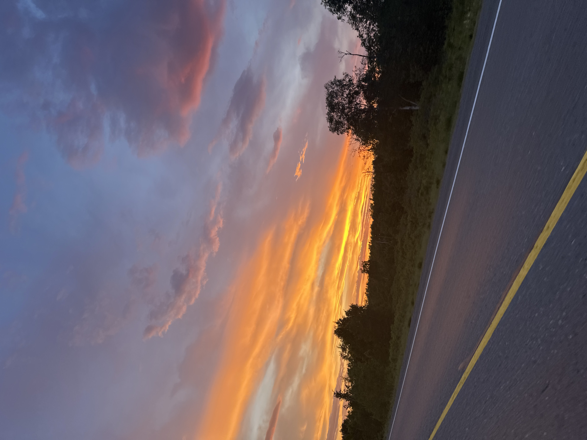 The image captures a dramatic sunset over a rural landscape, likely along a road in the city of Yelizovo, Russia. The sky is a vibrant spectacle of color, transitioning from intense oranges and yellows near the horizon to soft purples and blues higher up. Wispy clouds are illuminated by the setting sun, creating streaks of light and shadow across the sky.
In the foreground, a paved road with a yellow dividing line runs diagonally from the lower left to the upper right of the frame. The road surface appears dark and wet, reflecting the ambient light. To the left and right of the road, dense vegetation and trees form a dark silhouette against the colorful sky. The trees are varied in height and density, suggesting a natural, undeveloped area.
The overall impression is one of natural beauty and tranquility, with the road hinting at passage and movement through this scenic environment. No people or specific structures are visible, emphasizing the natural elements of the scene. The photograph is taken from a slightly elevated, moving perspective, characteristic of being in a vehicle.