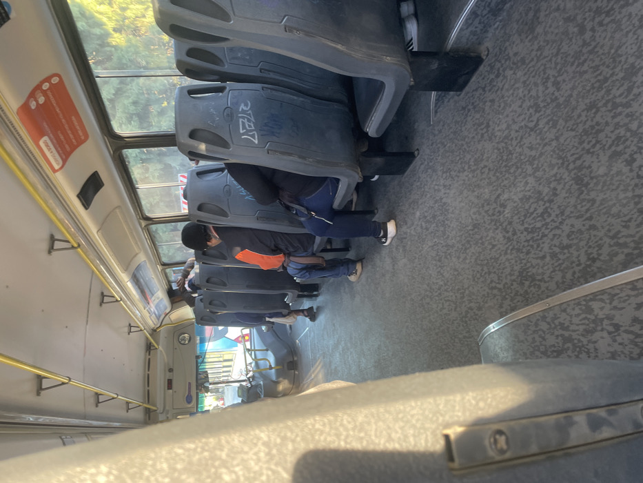 The image displays the interior of a public transit bus in San Carlos de Bariloche, Argentina, viewed from a rear-left position looking towards the front. Sunlight enters from the right, illuminating the bus's interior.
The bus features dark gray, hard plastic seats arranged in rows, some bearing white graffiti markings such as "ASHA" and "2727." The floor is covered with a light gray speckled material. Yellow handrails run along the ceiling and are supported by vertical poles. Through the windows on the right, dense green foliage is visible.
Multiple passengers occupy the bus. In the left foreground, a blurry light-colored seat or object is present. Further forward, a person dressed in dark clothing stands near the driver's compartment, holding a support. Three individuals are seated with their backs to the camera in the right row: one wearing a dark jacket, another in an orange and black jacket with a dark bag on their left shoulder, and a third in a dark blue jacket and blue jeans, wearing white sneakers. A red information sticker displaying Spanish text, including "INFORMACIÓN A BORDO," is affixed above the windows on the right. The driver's area is partially visible in the front, revealing a steering wheel, dashboard, and a colorful graphic through the windshield.