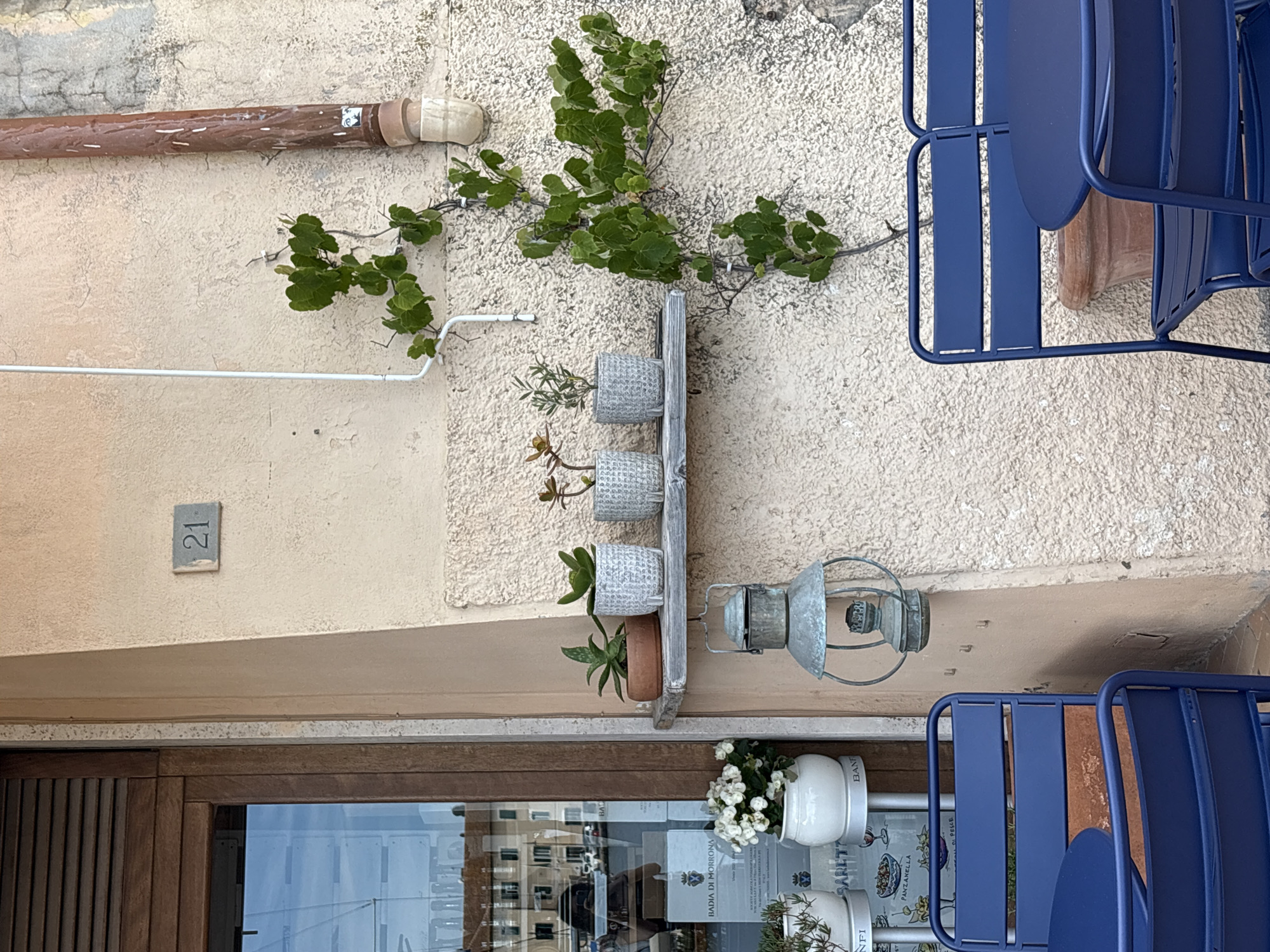This image captures a quaint street view, likely an exterior wall of a building in Portoferraio, Italy. The scene features a textured, light beige stucco wall adorned with various elements.
Running horizontally across the upper part of the wall is a weathered brown pipe, with a small white conduit visible below it, extending diagonally. A vibrant green vine with broad leaves grows along the wall, guided by a thin wire.
Mid-frame, a rustic wooden plank holds three small grey ceramic pots, each containing a different succulent or herb plant. Below these, an old-fashioned, galvanized metal lantern hangs, adding a touch of vintage charm.
On the left, a grey rectangular plaque displays the house number "21." The lower section of the image reveals a dark wooden door or window frame, with a large glass pane reflecting the surrounding environment. In the reflection, parts of other buildings, possibly the sky, and interior details are visible. Several signs or menus with Italian text are discernible in the reflection, including "BADIA DI MORRONA" (a Tuscan winery), "PANZANELLA" (a Tuscan bread salad), "DI PESCE" (of fish), and "BANFI" (another Italian winery). A white pot filled with small white flowers sits on a ledge in front of the glass.
To the right, two bright blue metal outdoor chairs, typical of cafe or bistro seating, are stacked, with parts of their slatted backs and seats visible. A terra cotta pot is partially seen beneath the chairs.
The bright lighting suggests it is daytime, and the overall impression is peaceful and inviting, characteristic of a Mediterranean setting. There are no people visible, implying a quiet moment.