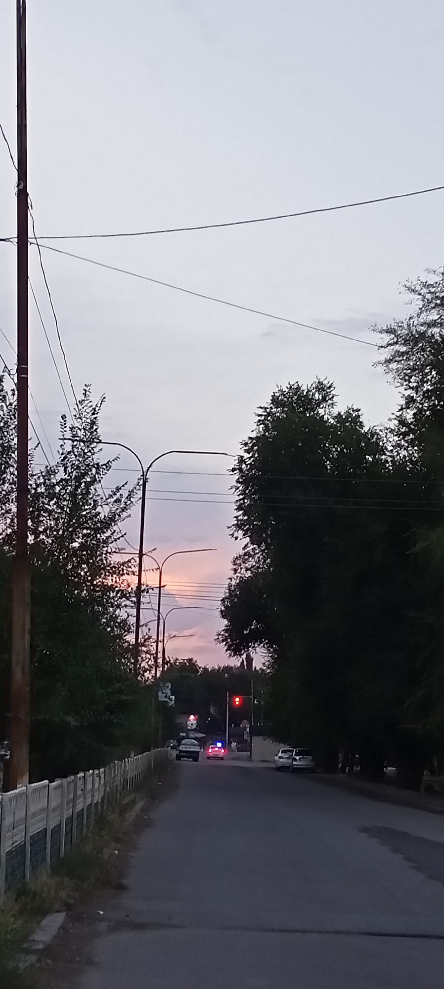 The image depicts a street scene in Sokuluk, Kyrgyzstan, likely during twilight or early evening. A road curves away from the viewer, flanked by trees on both sides. A light-colored fence runs along the left side of the road, with sparse grass and debris visible in front of it. Several lampposts with curved arms line the road. In the distance, a traffic light displays red. Two vehicles are visible on the road: a dark sedan behind a white vehicle that appears to be a police car with flashing blue and red lights. The sky is overcast with subtle hues of pink and purple, suggesting a sunset or sunrise. Overhead wires are visible against the sky, attached to a dark pole on the left.