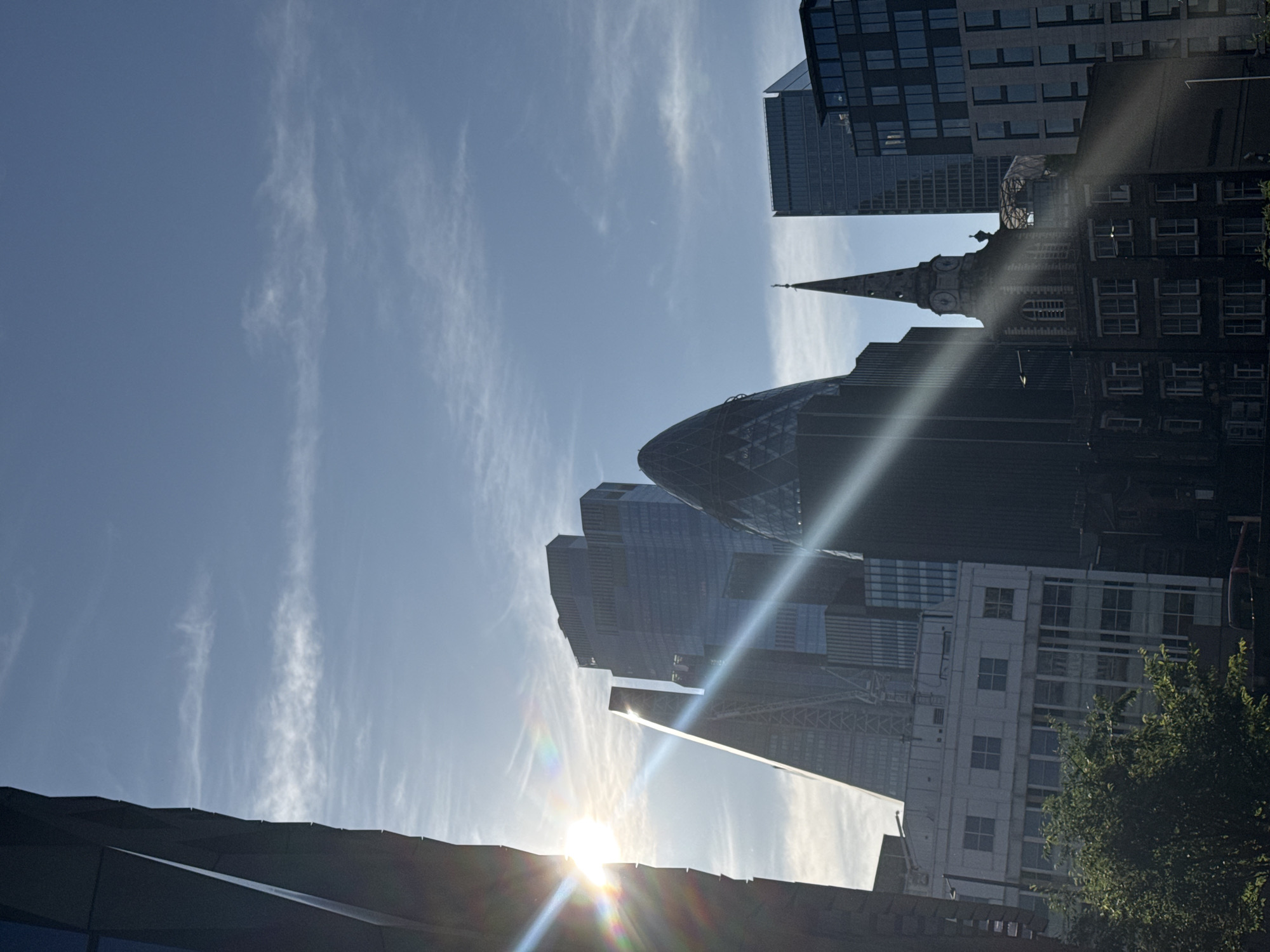 The image is an upward shot of the London skyline on a sunny day. The sky is blue with thin, wispy clouds. The Gherkin building is prominently visible, along with other modern office buildings. A church spire rises between the skyscrapers. The sun is low, causing lens flare. Tree branches and possibly a building edge are visible in the lower right corner. The image is rotated 90 degrees counter-clockwise.