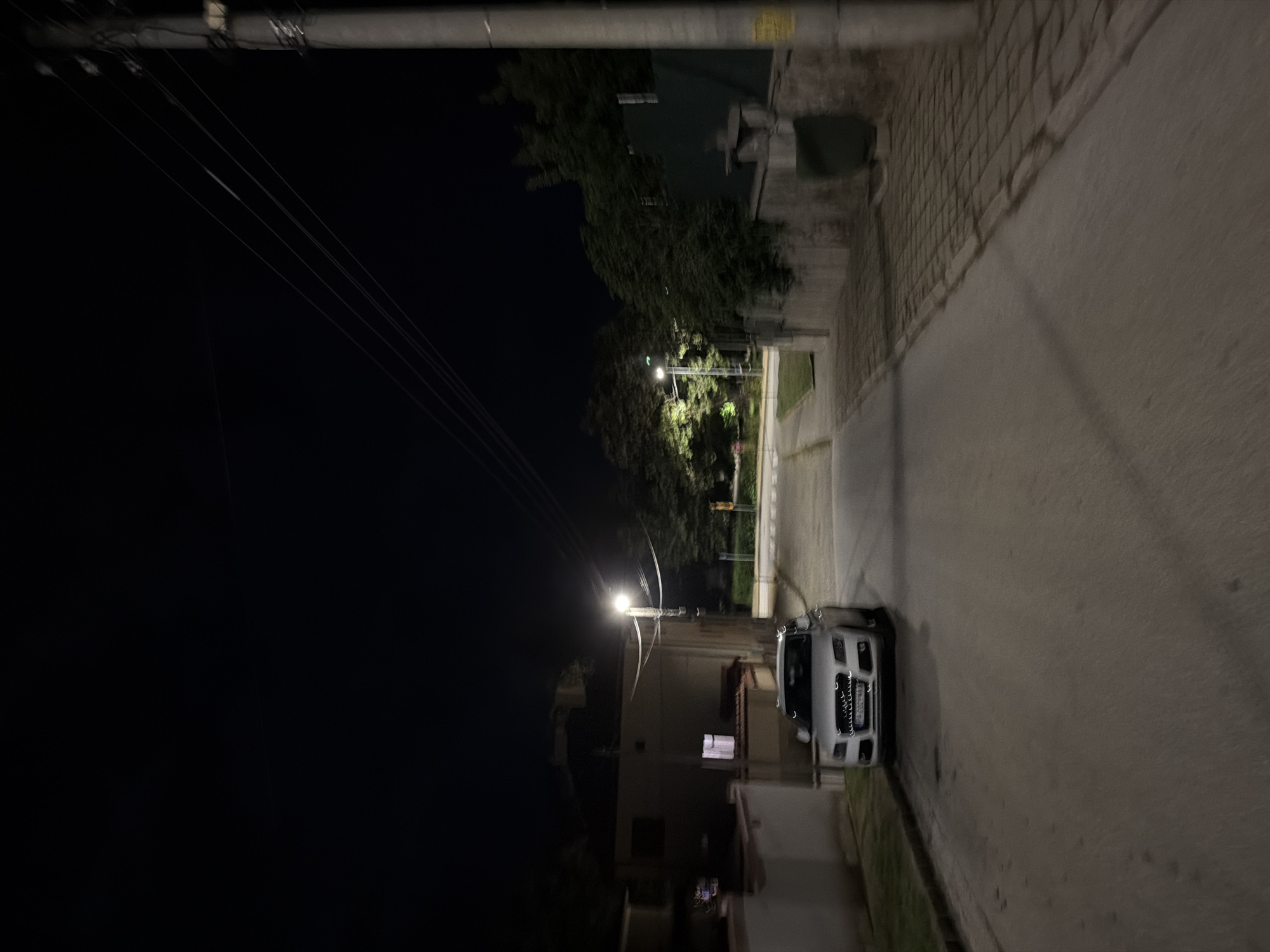 At night, a street in Panagyurishte, Bulgaria, is illuminated by streetlights. A white car is parked on the right side of the street. Power lines are visible above. Vegetation lines the road. Buildings are seen on either side of the street.