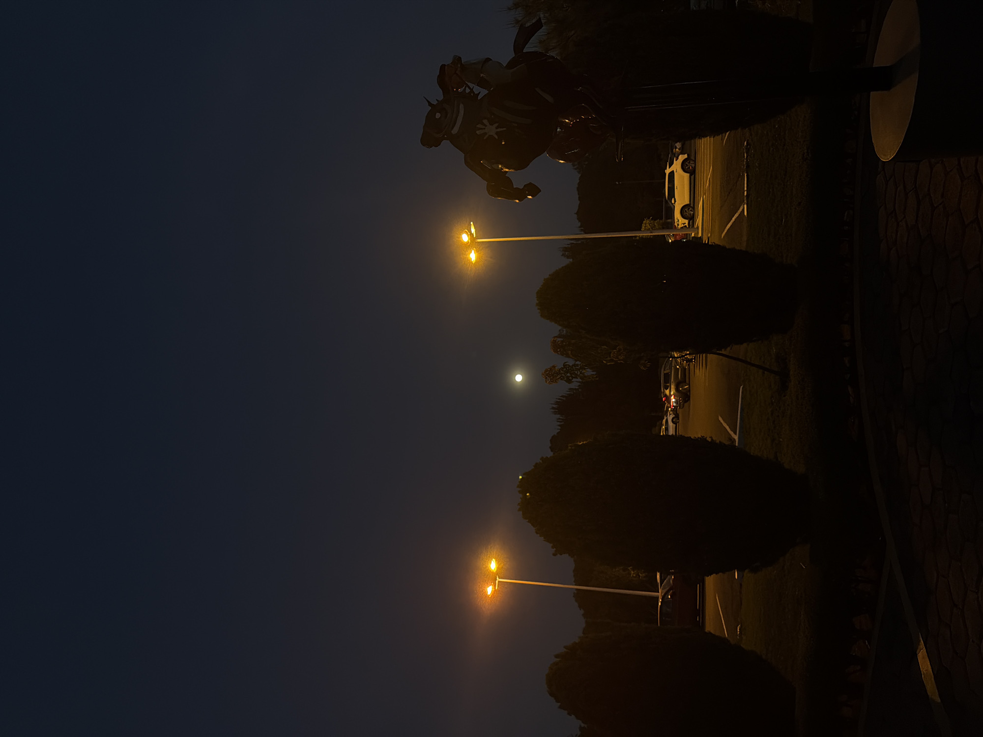 The image portrays a tranquil nighttime scene in San Andrés Cholula, Mexico, under a dark blue-black sky. A prominent, bright moon hangs in the upper center of the frame, serving as a natural light source alongside artificial streetlights.
In the midground, a striking dark silhouette of a statue depicts a horse and rider, possibly a knight or warrior, in a dynamic, rearing pose. A distinct sun-like emblem is visible on the horse's side. Two tall streetlights, positioned below the statue and moon, emit a strong, warm yellow-orange light, creating significant light flares and casting illumination on parts of the ground.
Below the streetlights and extending across the foreground are several dark, rounded bushes, mostly in silhouette. To the right of the scene, a parking area is visible with several parked vehicles, including a light-colored SUV or van. The far right foreground shows a textured ground surface, possibly patterned paving or cobblestones. No people are visible, contributing to the quiet and serene ambiance of the night. There is no visible text.