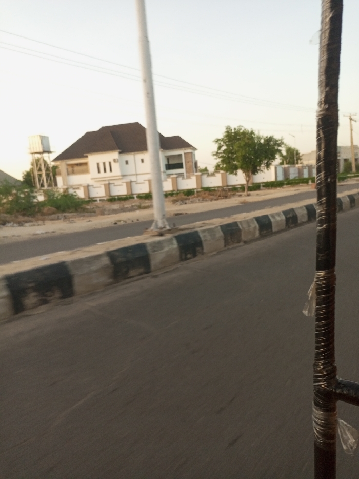 The image shows a street scene in Maiduguri, Nigeria. The image was likely taken from a moving vehicle, as the street appears blurred. The scene is a residential area with a large, two-story house on the right side of the road. The house has a white exterior with a brown roof. There is a tall, white pole with electrical wires running across the street in front of the house. There is a water tower on the left side of the road in front of the house. There is a single tree in the middle ground with green foliage. The ground is dusty and brown, and there is a concrete curb on the edge of the road. The street has black and white markings. The image is taken in the late afternoon or early evening, as the sky is a light blue color. The image is taken from a point of view that is close to the ground and looking straight ahead. The image is taken from a moving vehicle. The black pole in the foreground is blurred and distorted, as the vehicle was moving when the image was captured. The image is out of focus in general due to the motion of the vehicle.
