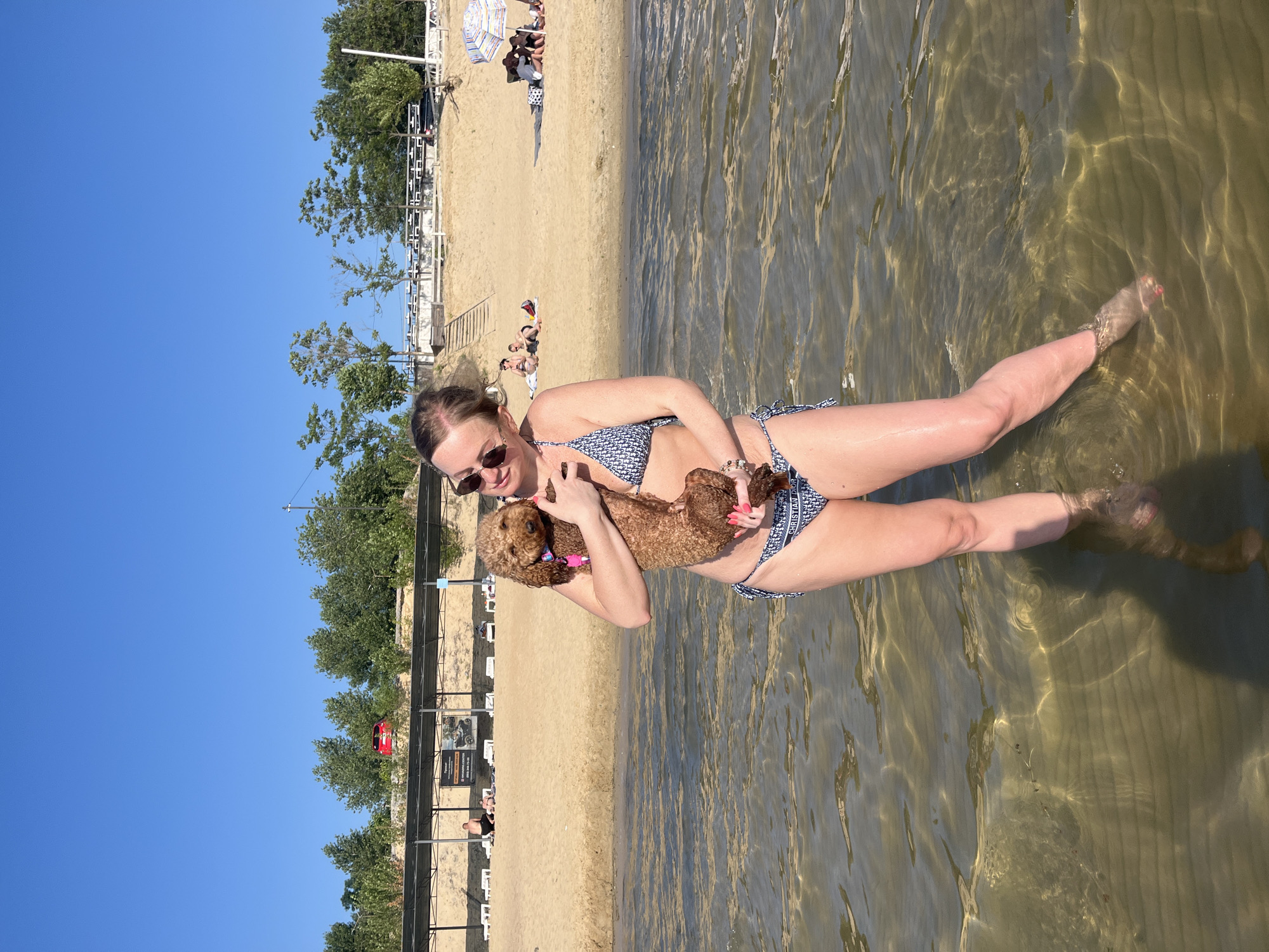 The image shows a woman in a bikini holding a small, brown poodle in shallow, clear water at a beach. The woman is smiling and looking towards the camera, and the dog appears relaxed. The beach has sand and is lined with trees and lounge chairs. There are other people on the beach, some sunbathing and others sitting under umbrellas. The sky is clear and blue, indicating a sunny day. The overall atmosphere is one of leisure and enjoyment.
There is visible text on the bikini bottoms of the woman, which appears to be the "Christian Dior" logo. There is also a sign on the beach with Ukrainian text, which is not fully legible.
The scene suggests a warm, sunny day at a popular beach destination, likely in the summer. The presence of lounge chairs, umbrellas, and people enjoying the water indicates a typical recreational setting. The woman's relaxed posture and smile suggest she is enjoying her time at the beach. The location context indicates this is Yelyzavetivka, Ukraine.