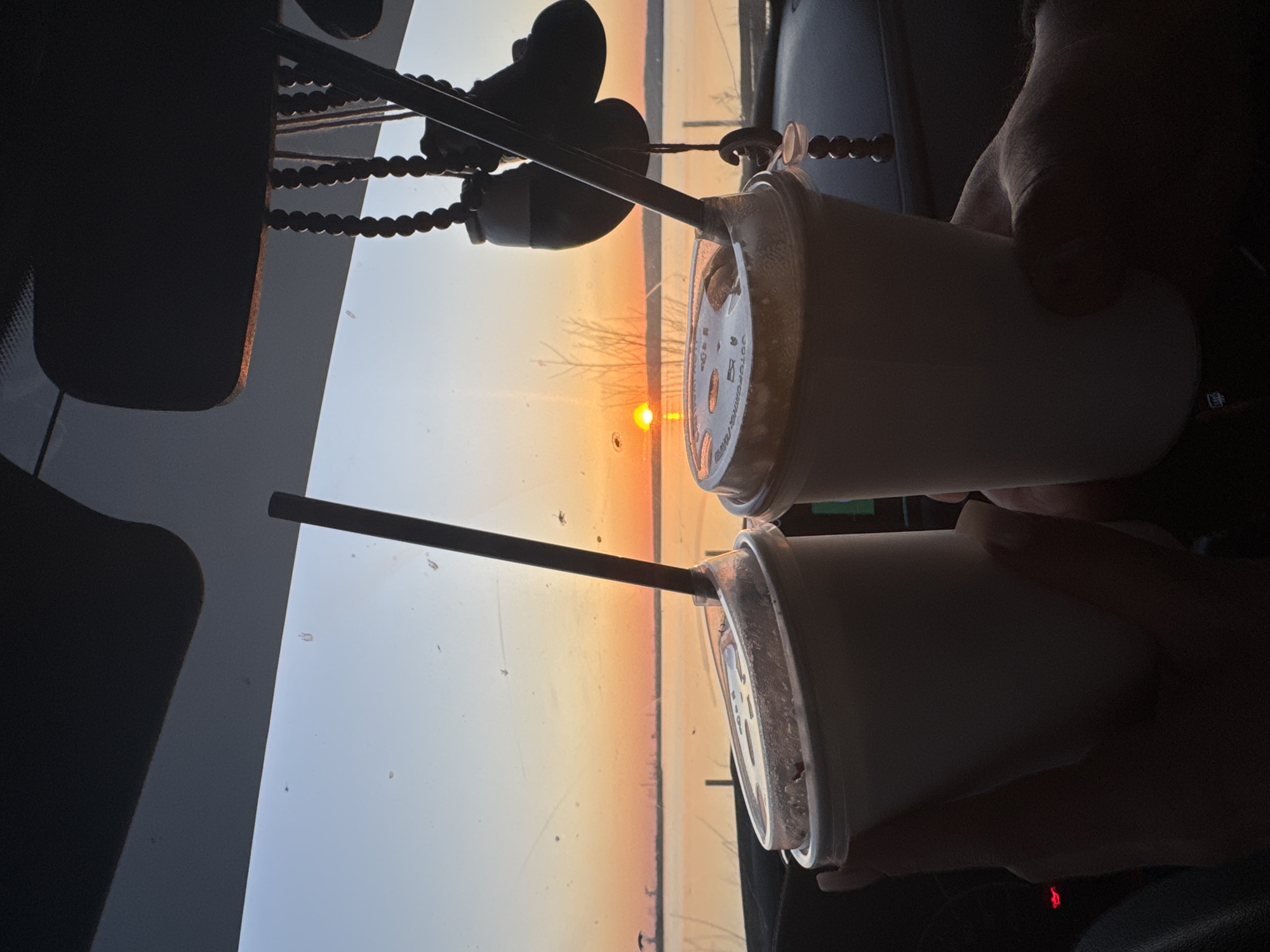The scene presents two people toasting beverages in paper cups with lids and straws, possibly inside a vehicle. The backdrop is a bright, warm sunset with a clear horizon line and the faint silhouettes of low-lying trees or vegetation. In the immediate foreground, parts of the vehicle's interior are visible. The image appears to be taken inside a car in Chaikovsky, Russia, as the landscape appears to have trees/vegetation and a beautiful orange sunset.