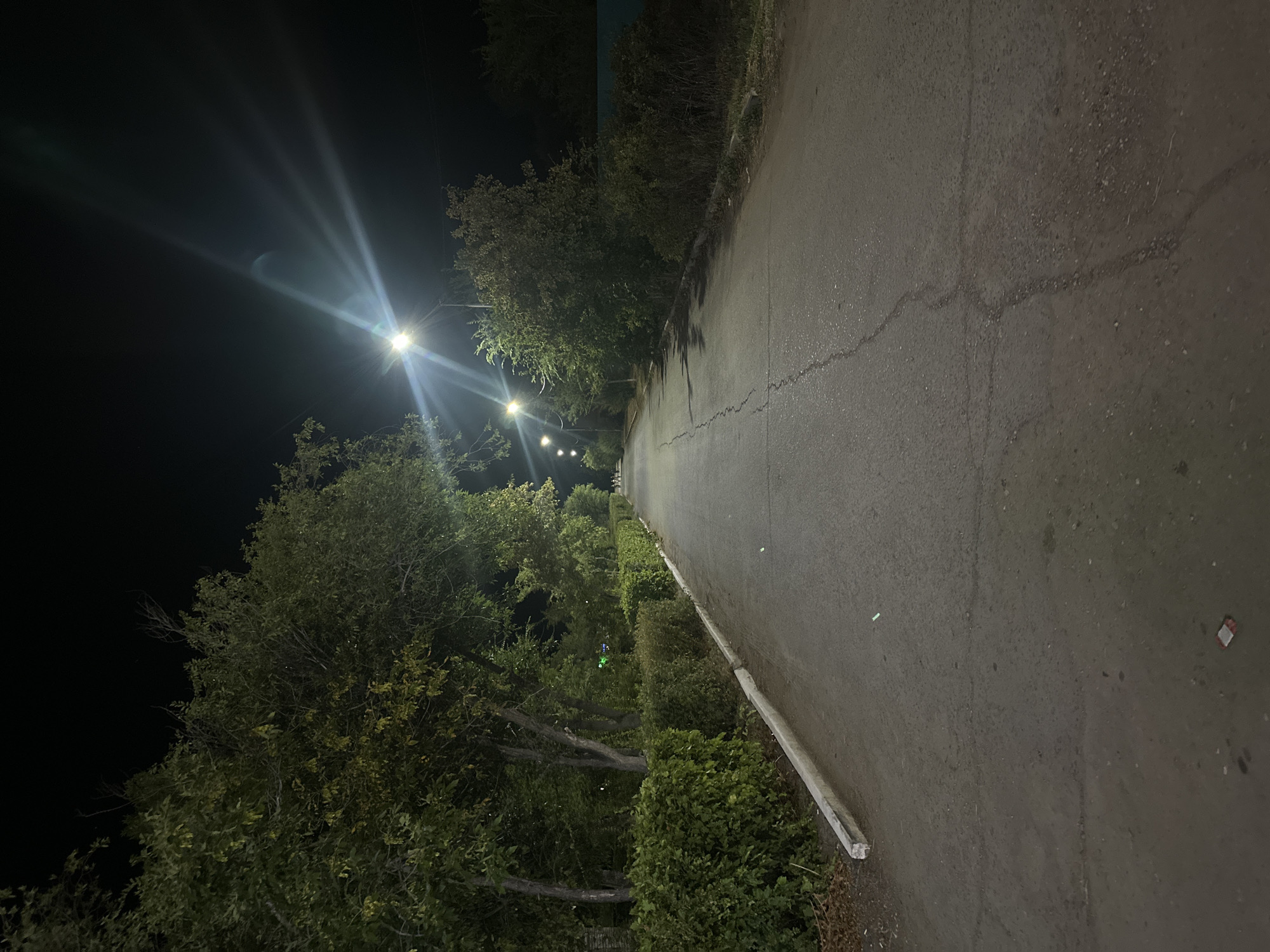 An asphalt road is illuminated by streetlights at night. The road stretches into the distance and is bordered by trees and hedges on either side. There are several streetlights visible, with one in the foreground casting a bright glare. In the distance, a few people can be seen walking. The environment appears to be a park or residential area.