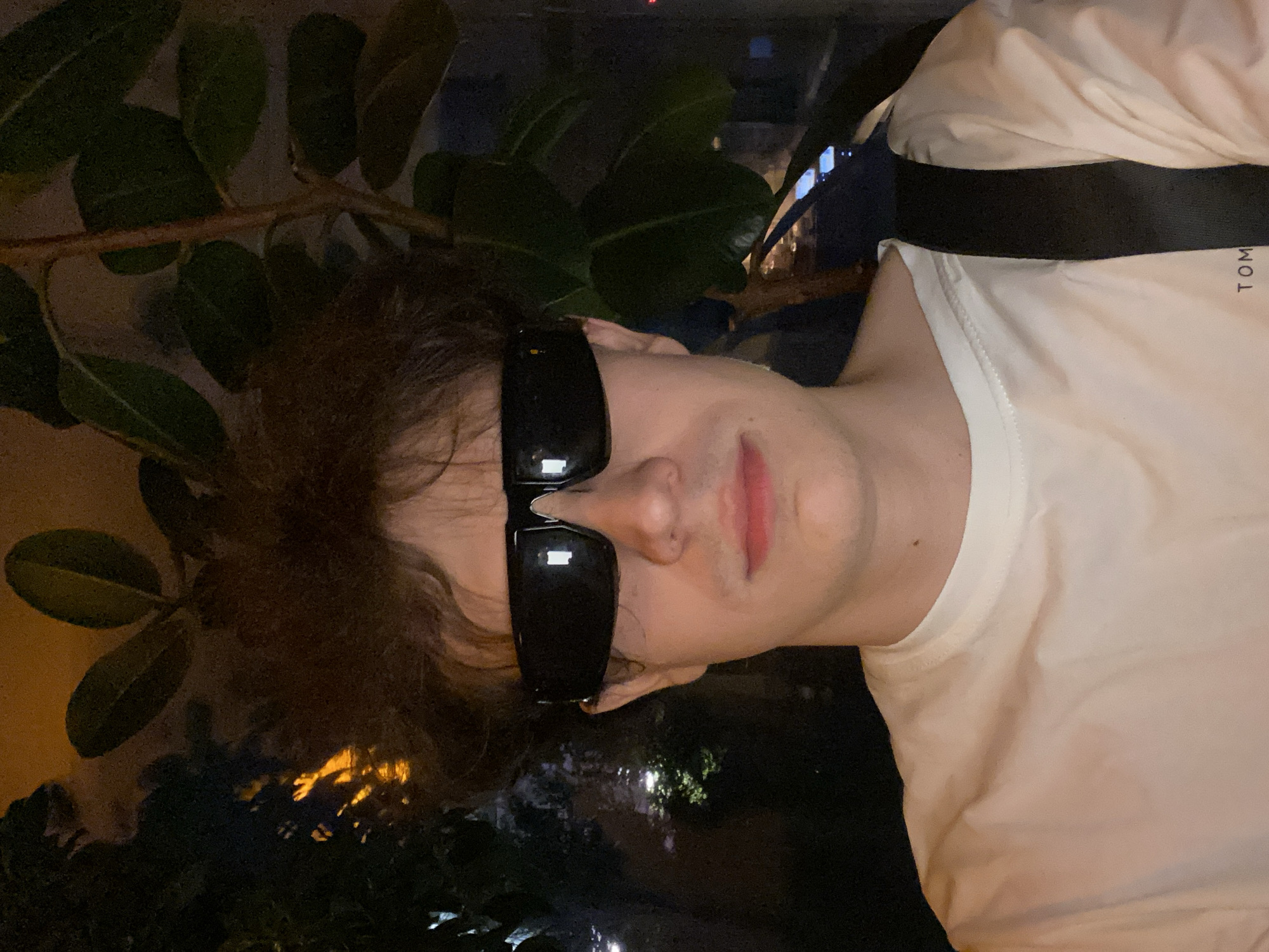 A close-up, slightly angled shot depicts a person wearing large black sunglasses and a white t-shirt with a black stripe on the shoulder, partially obscuring the text "TOMMY". The person has short, dark, curly hair and light skin. To the left of the person's face is a green plant with large, round leaves. In the background, visible through a window, are lights suggesting an urban setting.
While the location cannot be definitively confirmed as Krasnoyarsk, Russia from the given information, the visual details are consistent with an indoor setting with an urban view. There is no information in the photo that can definitively identify the place.
