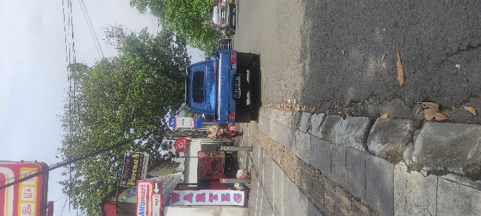 The image shows a street scene in Bogor, Indonesia, at the coordinates -6.584 latitude and 106.818 longitude. A blue pickup truck is parked on the street, facing away from the camera. The truck has a license plate that reads "D 1214". There are a number of power lines running overhead, with some of them broken. The road is paved and there is a sidewalk to the left of the road. The sidewalk is made of concrete and has some cracks in it. There are a few fallen leaves on the road. There are several trees in the background and a person in the distance walking towards the truck. The person is wearing a yellow shirt. On the left side of the image, there is a building with a sign that reads "Alfamart." The building has several signs, including one that reads "Fortuna 4". The image was taken from a low angle, looking towards the street.