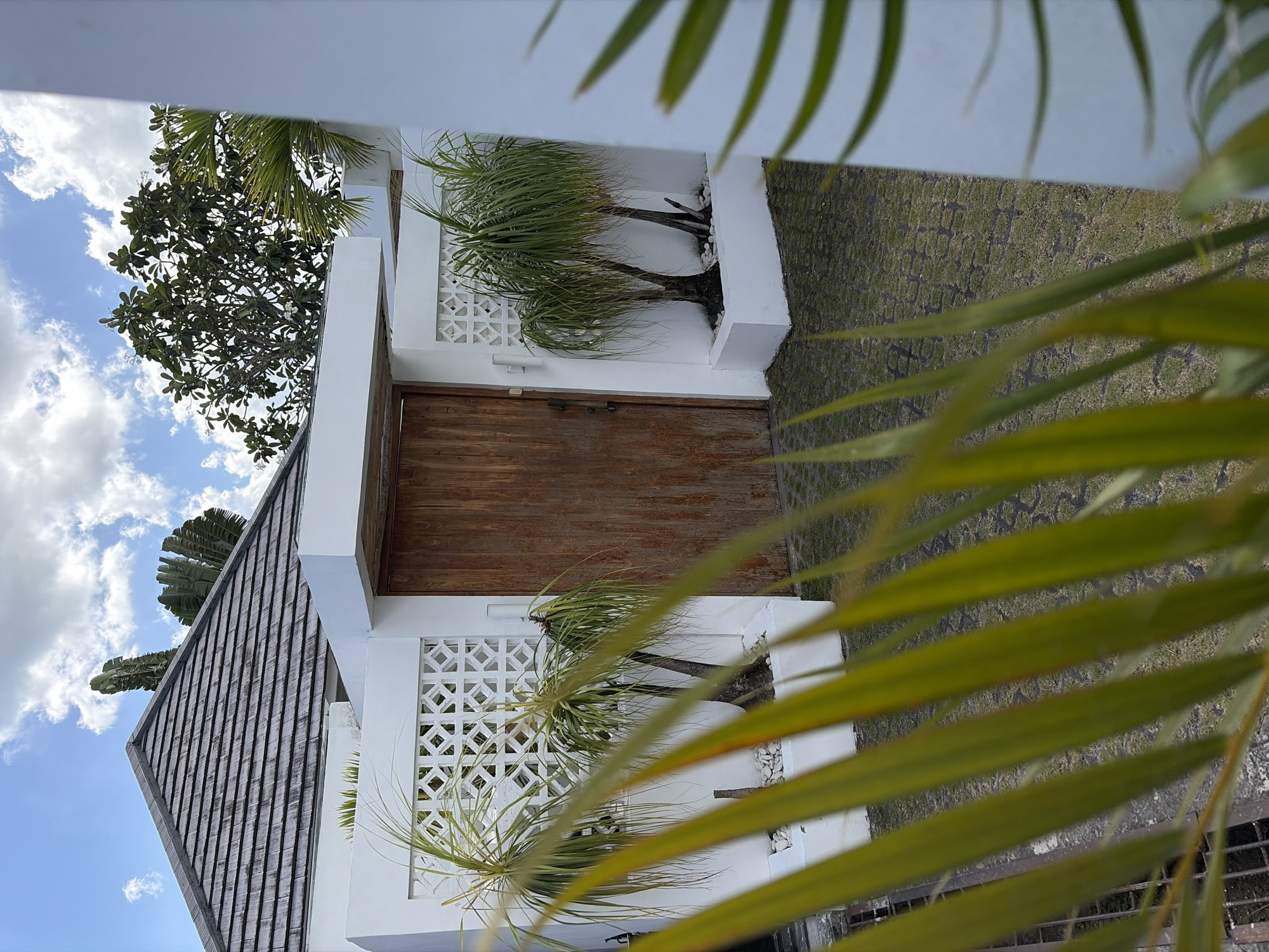 The image shows a front yard or courtyard area with a modern architectural design. A wooden door is set into a white wall with a decorative patterned section to its left. Two small palm trees in white planters are situated in front of the patterned wall. The ground is paved with a dark material and grass. A tiled roof of a building is visible in the background, along with trees and a cloudy blue sky. The foreground is partially obscured by blurred green foliage. The location is identified as Mengwi, Indonesia. There are no people or animals visible in the image.
