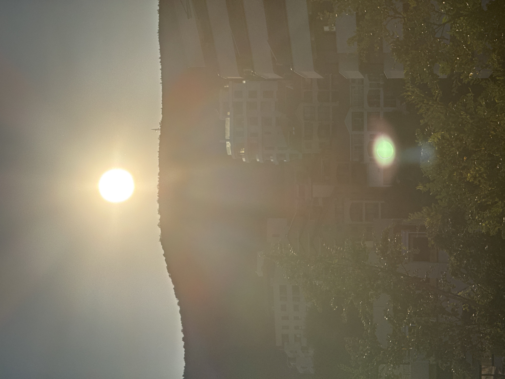 The image shows a sunlit scene in Boreti, Montenegro, with a bright sun positioned in the upper portion of the sky, casting a warm glow over the landscape. In the background, a densely forested hill rises, its silhouette softened by the hazy sunlight. Several multi-story buildings, likely apartments or hotels, are visible nestled on the slopes of the hill and in the foreground. These structures exhibit a modern architectural style with balconies and windows. In the immediate foreground, lush green trees and foliage partially obscure the view of the buildings, creating a sense of depth. The overall atmosphere is serene and bathed in the golden light of either sunrise or sunset.