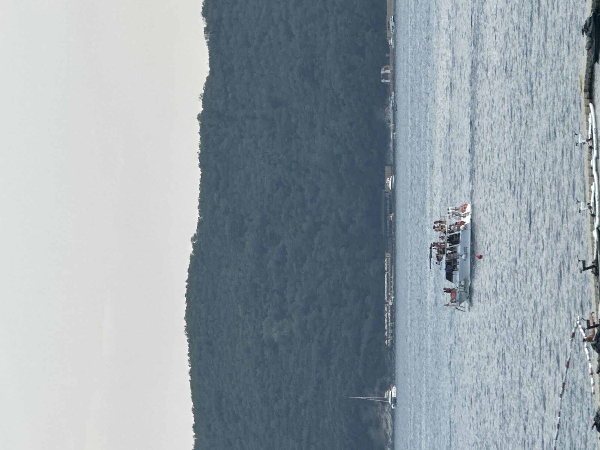 This is a photograph taken in Budva, Montenegro, showing a body of water with a boat in the foreground and a densely forested hill in the background. The boat is white with multiple decks and appears to be carrying a group of people, some of whom are standing on the upper deck. The water is a calm, blue-grey color. In the distance, along the shoreline at the base of the hill, there are several buildings and what appears to be a large resort complex. A white sailboat is visible further in the distance on the left. The sky is overcast and pale. The bottom of the image shows a part of a dock with several paddleboards and a jet ski.