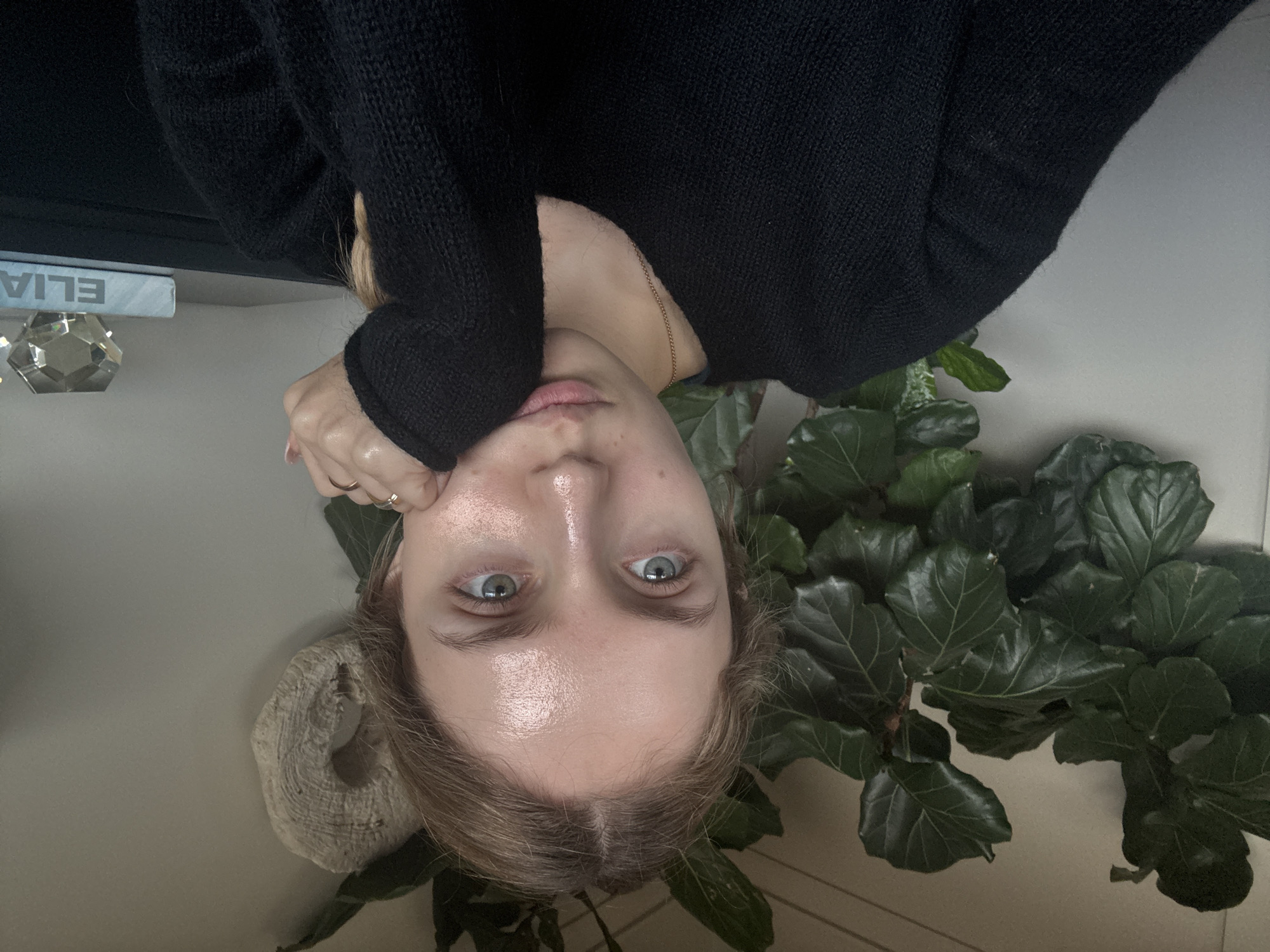 The image is an upside-down close-up portrait of a young woman within an indoor setting. She has fair skin, light brown hair, and striking blue-green eyes that gaze directly at the viewer with a neutral expression. She wears a black knit sweater and a delicate golden chain necklace. Her right hand, adorned with a ring on the ring finger, is held up to her chin. Her forehead shows a slight sheen.
Surrounding her, elements of the room are visible. To her right (if the image were upright), a lush houseplant with large, dark green leaves, resembling a Fiddle Leaf Fig, fills a significant portion of the frame. To her left, near her head, rests a textured, light-colored, possibly ceramic or woven, circular decorative object. Further back on the left side, an object that appears to be a book or block is visible, displaying the upside-down letters "ELIA". Adjacent to this, a clear, multi-faceted crystalline or glass decorative item catches the light. The background is a plain, light-colored wall. The image gives no specific visual cues to the provided location context of Mexico City, Mexico.