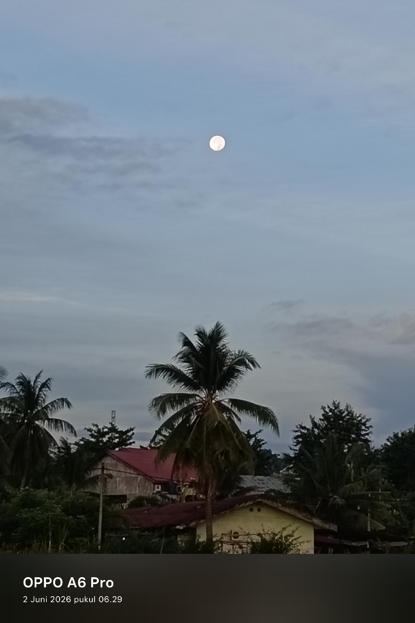 The image presents an early morning scene in Lhokseumawe, Indonesia, featuring a bright moon prominently displayed in the sky above a landscape of tropical trees and houses.
In the upper portion of the frame, a clear, full moon shines against a soft, pale blue-grey sky streaked with light, wispy clouds. The sky's coloration suggests either dawn or dusk, but the timestamp confirms it to be morning.
Below the sky, the midground and foreground are filled with dense foliage, primarily several large palm trees with dark green fronds, indicative of a tropical climate. One prominent palm tree stands centrally, its trunk and fronds forming a strong silhouette. Partially visible behind the trees are residential structures; one house features a distinct red-tiled roof and light-colored walls, while another with a similar roofline is glimpsed further right. A slender, tall, tower-like structure can be seen peeking above the trees in the distant background, possibly a telecommunications mast.
The overall mood of the image is peaceful and tranquil, with soft, diffused lighting. No specific human activity is depicted.
At the bottom left of the image, text overlays provide metadata: "OPPO A6 Pro" indicates the camera device used, and "2 Juni 2026 pukul 06.29" specifies the capture date and time as June 2, 2026, at 6:29 AM.