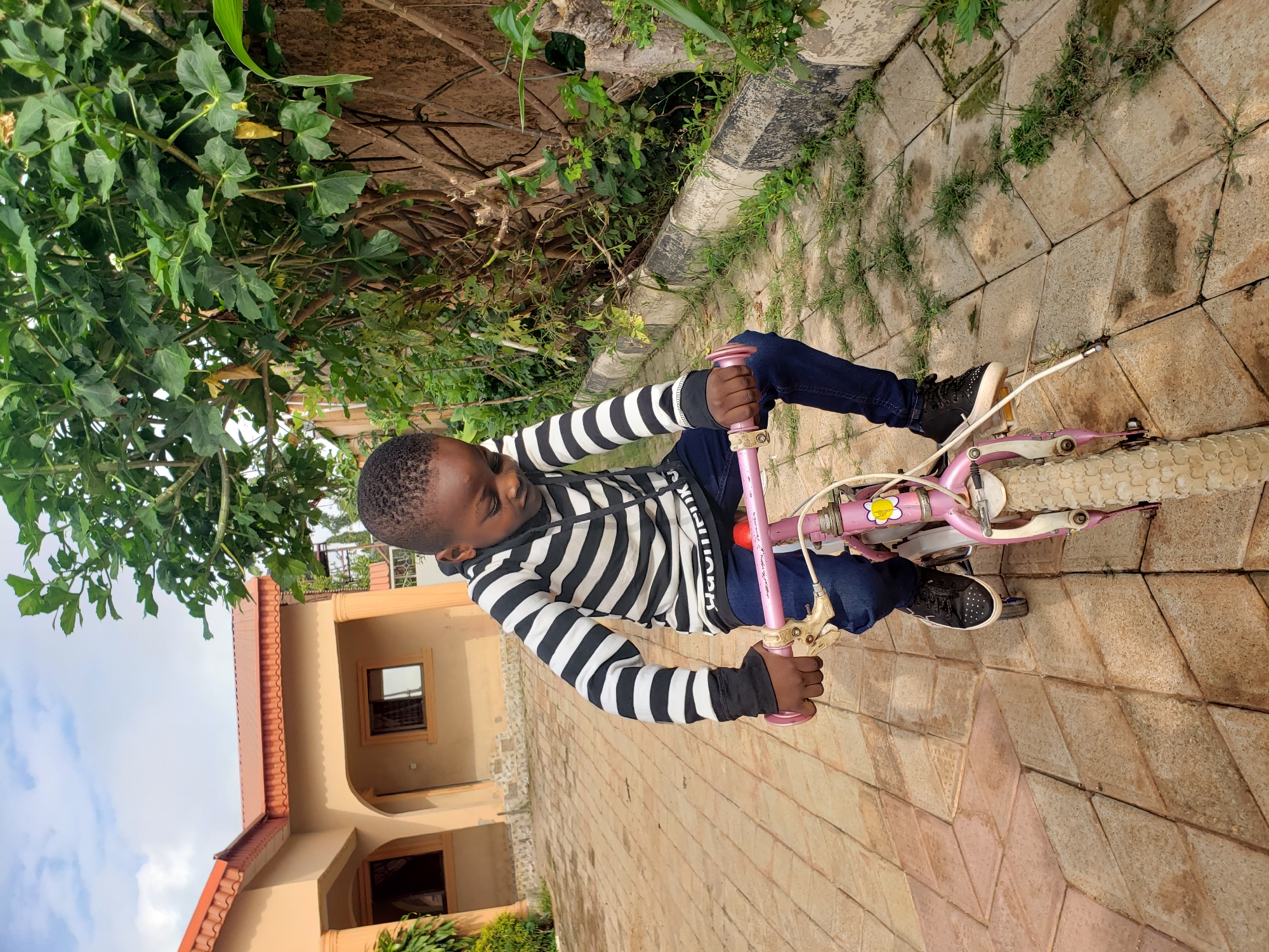 In Sabon Tasha, Nigeria, a young boy with dark skin and short, dark hair is pictured on a small, pink bicycle with white tires and training wheels. He is wearing a black and white horizontally striped hoodie and dark blue jeans, along with black sneakers. The boy is seated on the bicycle, looking down, with his hands on the handlebars. The bicycle is positioned on a paved walkway made of light brown, diamond-shaped tiles. To the left of the walkway is a light-colored building with an orange-tiled roof and a covered porch supported by columns. To the right of the walkway is a lush green hedge and a tree with thick branches and large leaves, some of which are yellowing. The sky above is partly cloudy.