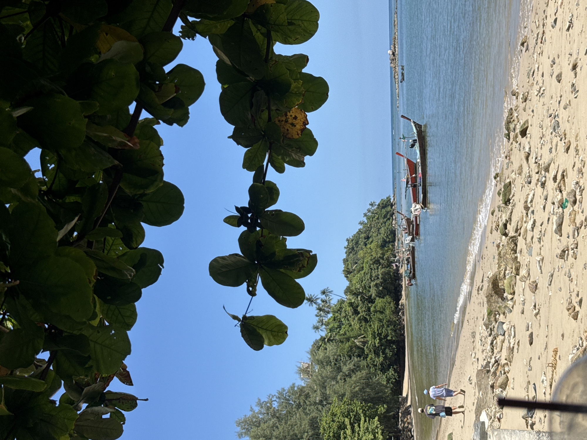 Two individuals, one wearing a dark t-shirt and black shorts, and the other a light blue t-shirt and dark shorts, walk south along a sandy beach. The beach is scattered with rocks and pebbles. In the background, the calm sea is dotted with several longtail boats, some anchored and others with visible occupants. A lush, green, tree-covered hillside forms the backdrop to the beach, with palm trees visible among the denser foliage. The sky is clear and blue. The scene is located in Choeng Thale, Thailand, likely on a coastal area.