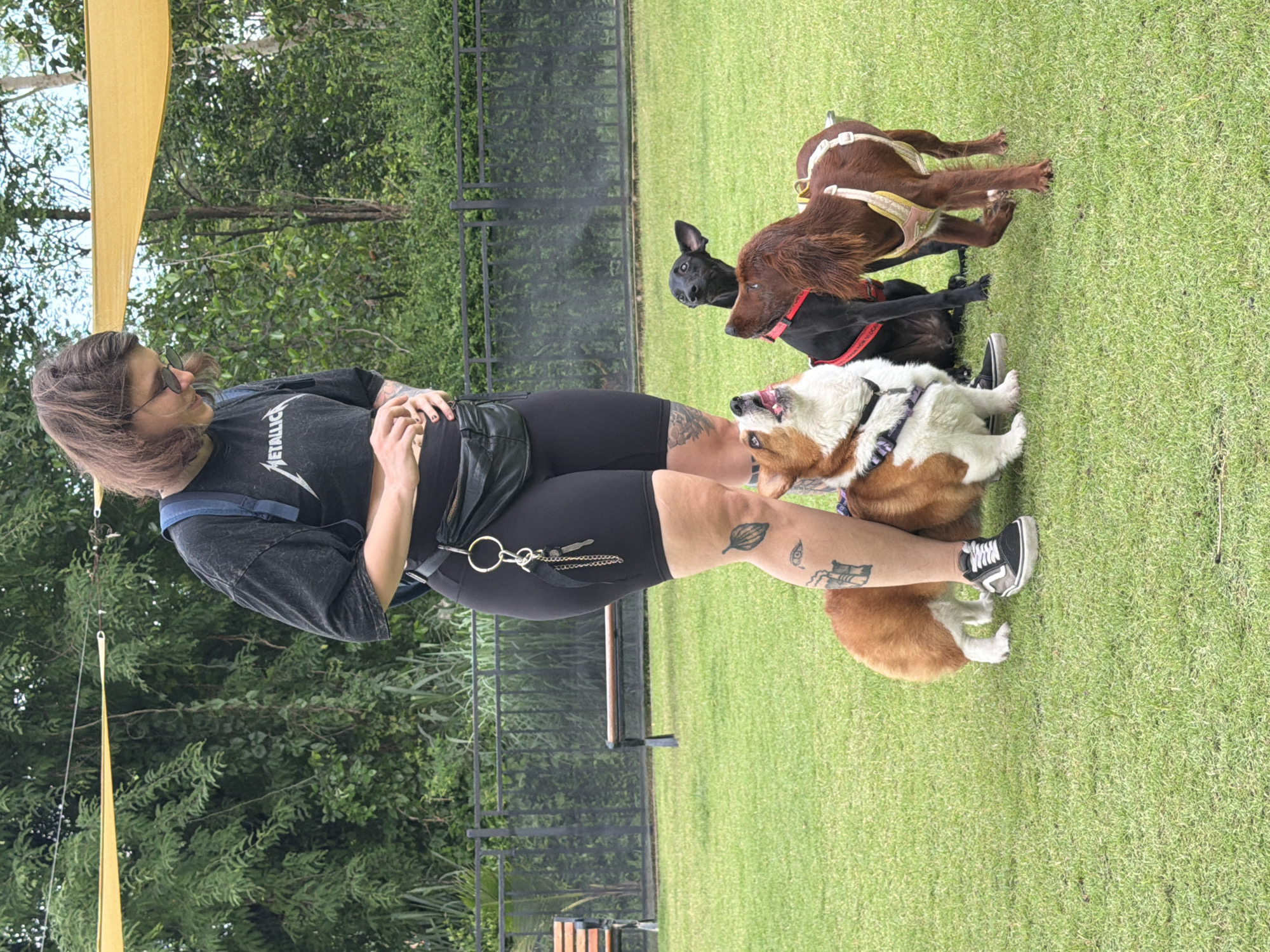 A person stands in a grassy area with three dogs. The person is wearing a black t-shirt, black shorts, and a black fanny pack. They have a backpack on. The dogs are of various breeds and sizes, and they appear to be interacting with the person. The background shows trees and a fence. The image does not contain any information that suggests it was taken in the city of Tha Sala, Thailand.