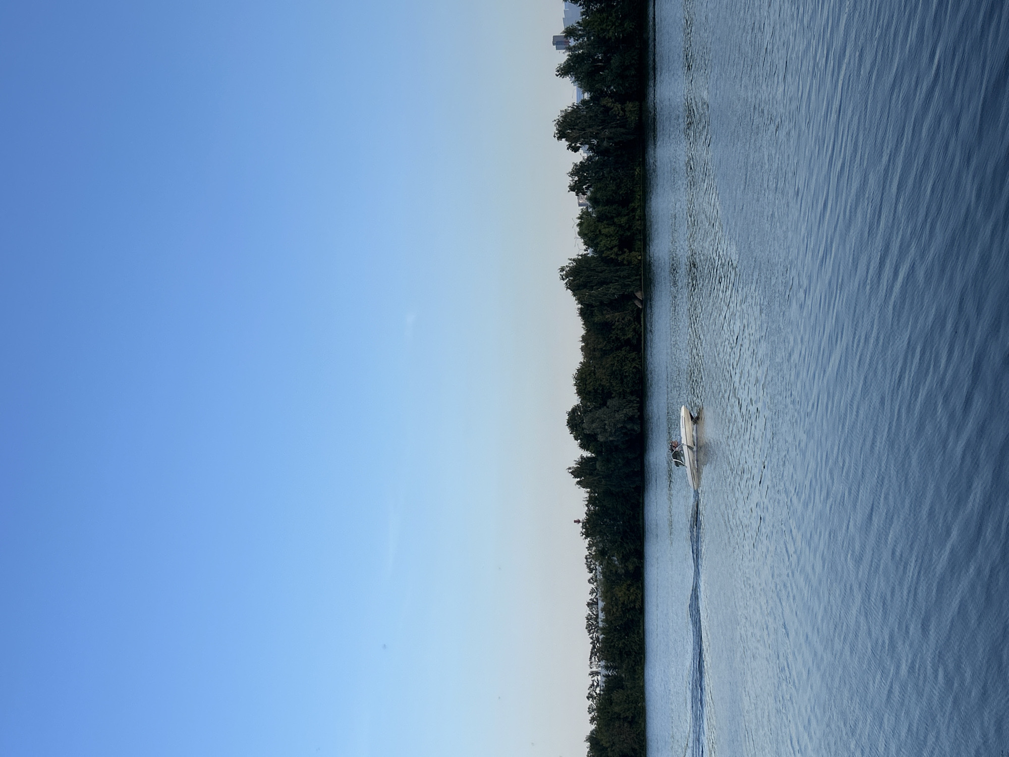 A white speedboat is navigating on a wide, calm river, leaving a gentle wake. Two people are visible in the boat. The river is bordered by a dense line of green trees on the far bank, with some distant buildings and cranes visible beyond the trees. The sky is a clear, pale blue, indicating it is likely late afternoon or early morning. The scene is peaceful and suggests a recreational activity on the water. This image could be of the Moscow River, as it has similar characteristics.
