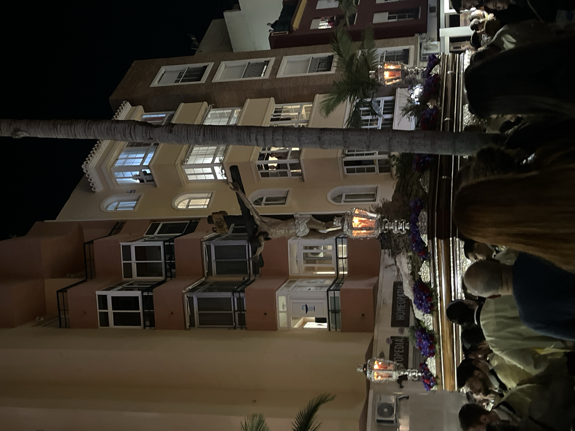The image depicts a nighttime religious procession in Arroyo de la Miel-Benalmádena Costa, Spain. A statue of Jesus Christ on the cross is being carried through the street. Buildings line the street, including a multi-story building with balconies and windows. People surround the platform carrying the statue, appearing to be participating in the procession. Palm trees are also visible, suggesting the coastal environment. Decorative lamps adorn the platform carrying the statue. A sign reads "HOMEOPEDIA" on the side of the platform.