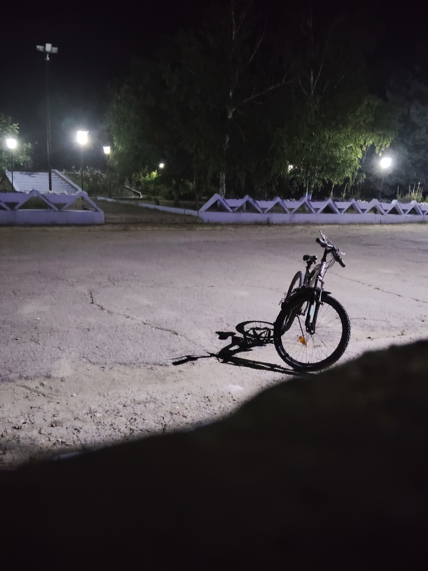 In the city of Ucrainca, Moldova, at night, a bicycle is parked on a cracked asphalt surface. The bicycle is black with silver accents and has thick tires. It is leaning against itself, with its front wheel turned to the right. A shadow of the bicycle is cast on the ground to its left. In the background, there are trees and streetlights illuminating the scene. A low, decorative fence runs along the edge of the paved area. The overall impression is one of a quiet, outdoor setting at night.