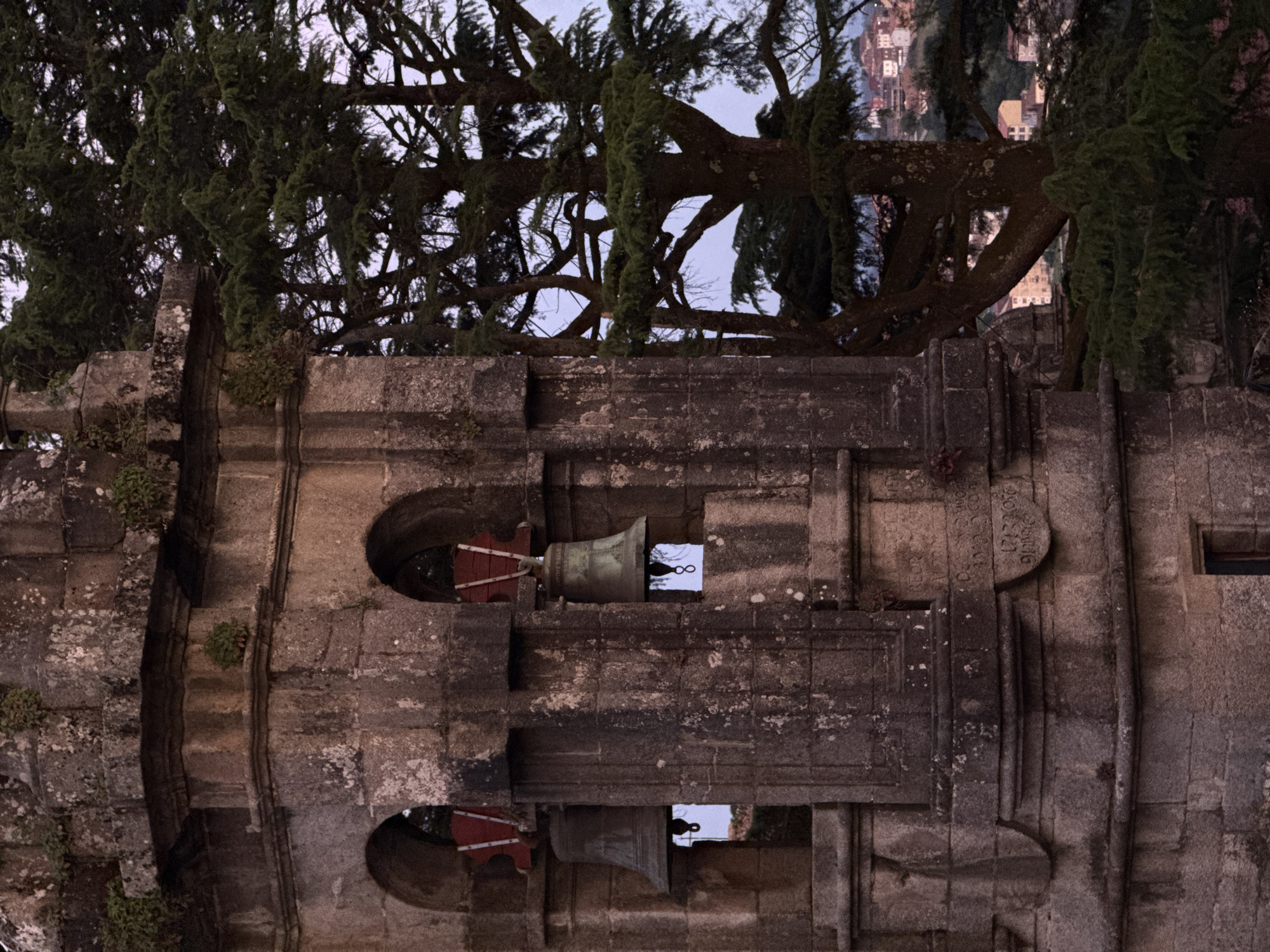 The image shows a close-up of a stone bell tower with two bells visible through arched openings. The tower is made of weathered, rough-hewn stone blocks, with some areas covered in moss and lichen. Greenery, likely moss or small plants, grows in the crevices and on top of the stone structure.
To the right of the tower, a large evergreen tree with dark green needles and a gnarled trunk dominates the frame, partially obscuring the background. The tree branches are dense and spread out, creating a textured silhouette against a soft, twilight sky.
In the distance, visible through the branches of the tree and the openings of the bell tower, is a cityscape of buildings with terracotta roofs. The buildings appear to be clustered on a hillside, suggesting an urban environment. The overall lighting suggests it is either dawn or dusk.
The bell tower's architecture, with its arched openings and stone construction, is characteristic of historical religious or civic buildings. The presence of bells indicates it is likely a bell tower associated with a church, cathedral, or other significant public building. Given the context of Santiago de Compostela, Spain, this could be a bell tower from one of its many historic churches or monasteries. The detail of some carved elements on the lower part of the tower, though partially obscured, hints at artistic or decorative features. There are no people or animals visible in the image.