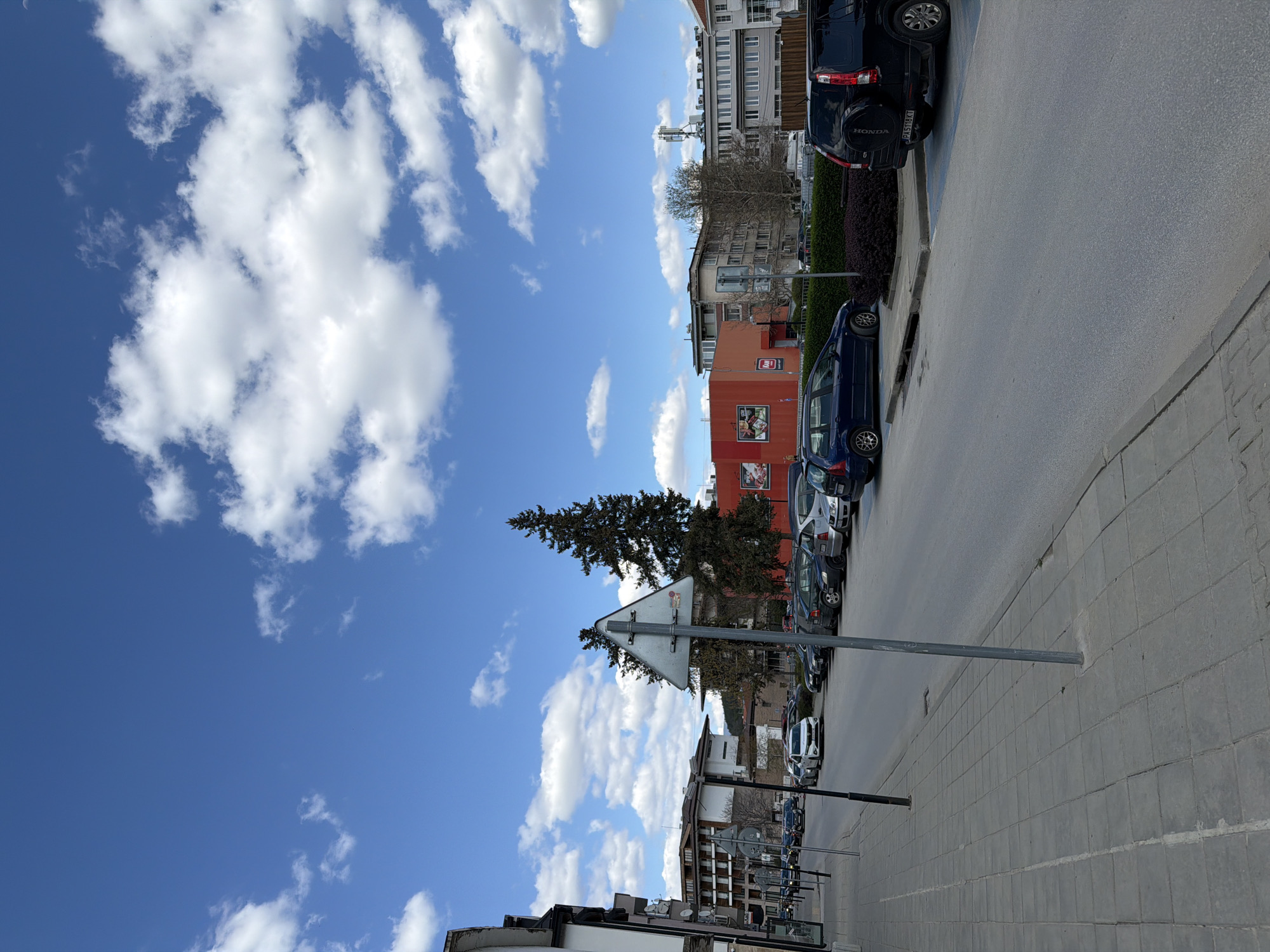 The image shows a street scene in Panagyurishte, Bulgaria. A cloudy, blue sky fills the upper portion of the frame. The street is lined with parked cars. Buildings of varying heights and architectural styles are visible on either side. A large evergreen tree stands near a street sign. The sidewalk is paved with gray rectangular stones. No people are visible. A red building with advertisements is prominent in the mid-ground. A dark-colored Honda vehicle is parked along the right side of the street.