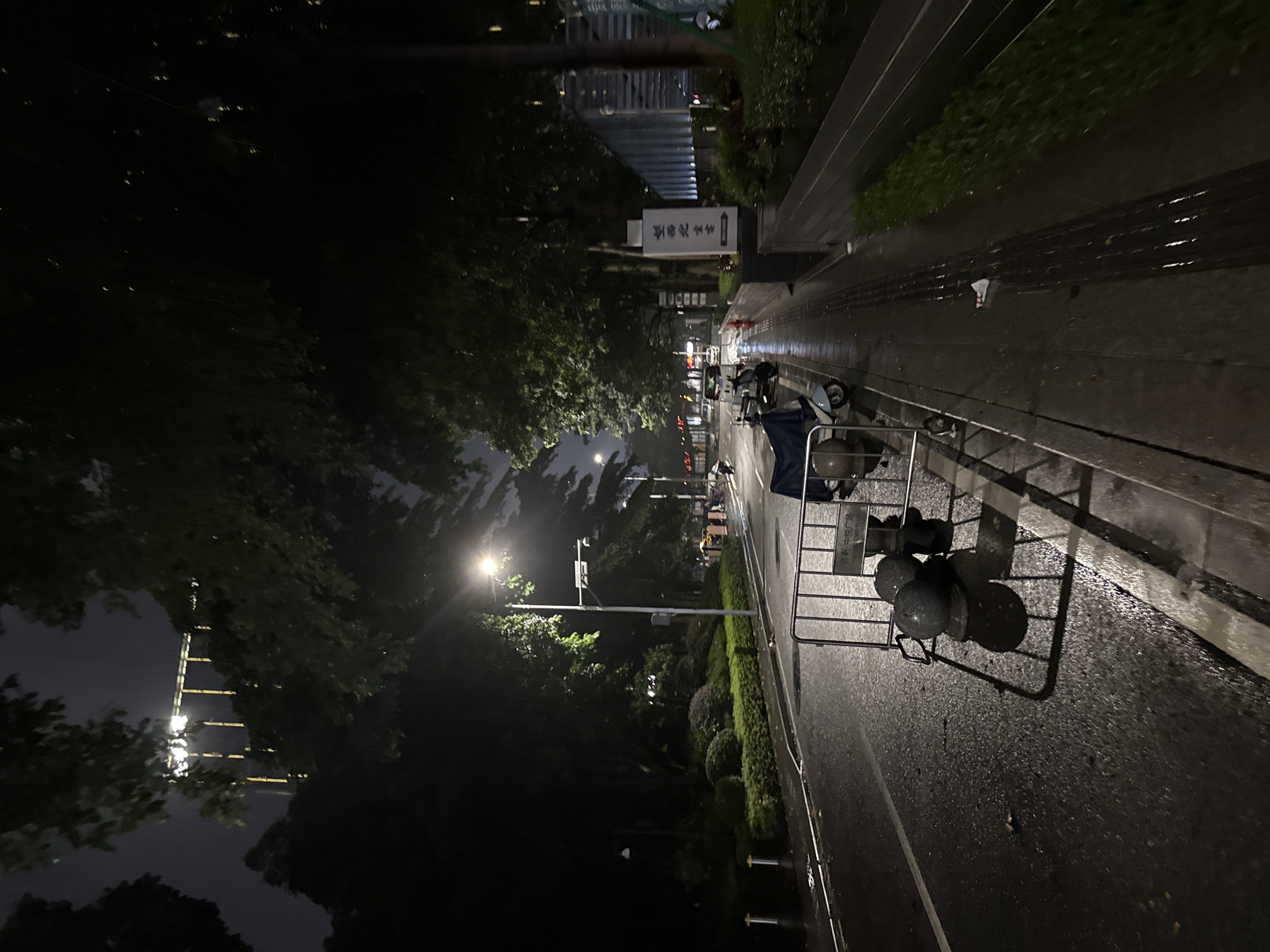 The image depicts a nighttime street scene in Haizhu District, China, likely after rainfall, as the asphalt road and sidewalk appear wet and reflective. The scene is illuminated by a streetlamp and the lights of a building in the distance. On the right side of the road, a modern building with illuminated vertical elements is visible, adjacent to a landscaped area. A sign with Chinese characters is placed in front of this building. A sidewalk runs alongside the road, and further down, several parked motorcycles are visible. In the foreground, a metal barricade is set up on the side of the road, with two dark, spherical objects resting on the ground behind it. Trees with dense foliage overhang the street and sidewalk, creating a dark, shadowy atmosphere. The road itself is mostly empty, with only a few distant vehicles suggesting the presence of traffic.