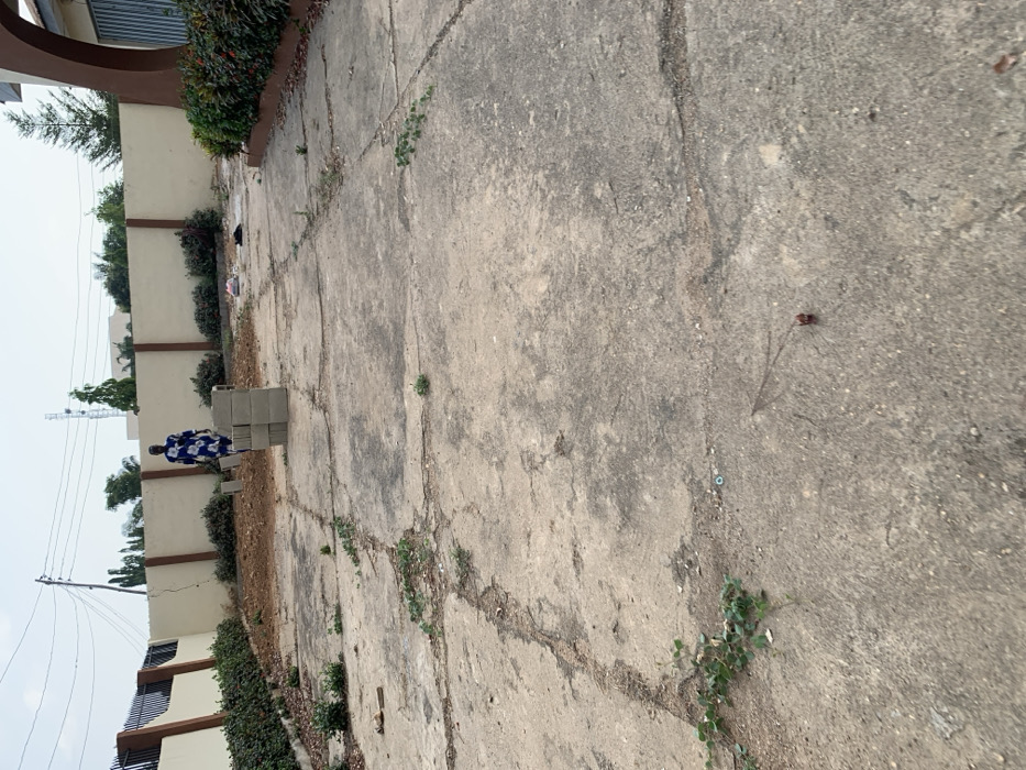 A wide view of a cracked concrete ground interspersed with weeds and some plant life growing near a wall. An individual stands next to a stack of grey bricks. The scene gives the impression of a neglected or undeveloped outdoor space. The sky is overcast. Buildings are partially visible along the left edge of the scene.