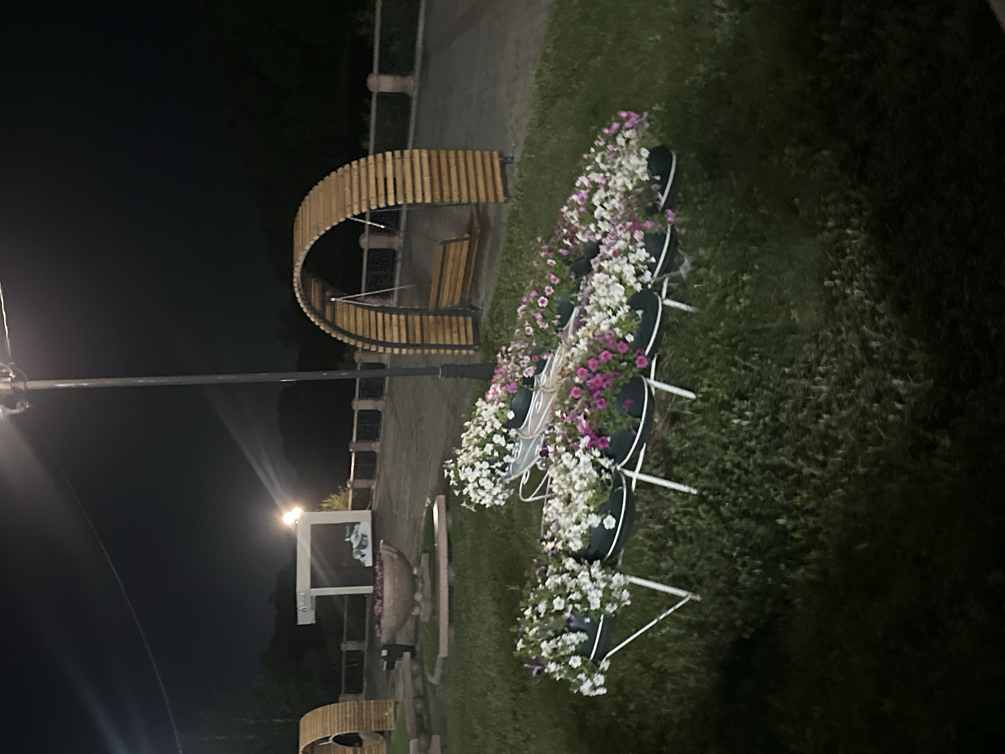 An outdoor night scene in Birobidzhan, Russia, captures a park area with various decorative elements and flora. In the foreground, several tiered planters overflow with white and pink petunias, arranged on white metal stands, situated on a grassy lawn. Behind the flowers, a paved walkway is bordered by a low, decorative fence. Further back, a large, arched wooden structure houses a wooden swing. To the left of the arch, a modern white information stand with a displayed image is visible. A large, ornate stone planter sits on a raised platform in the middle ground. A lamppost with a bright light illuminates the scene from the upper right. The background consists of dark trees and a night sky.