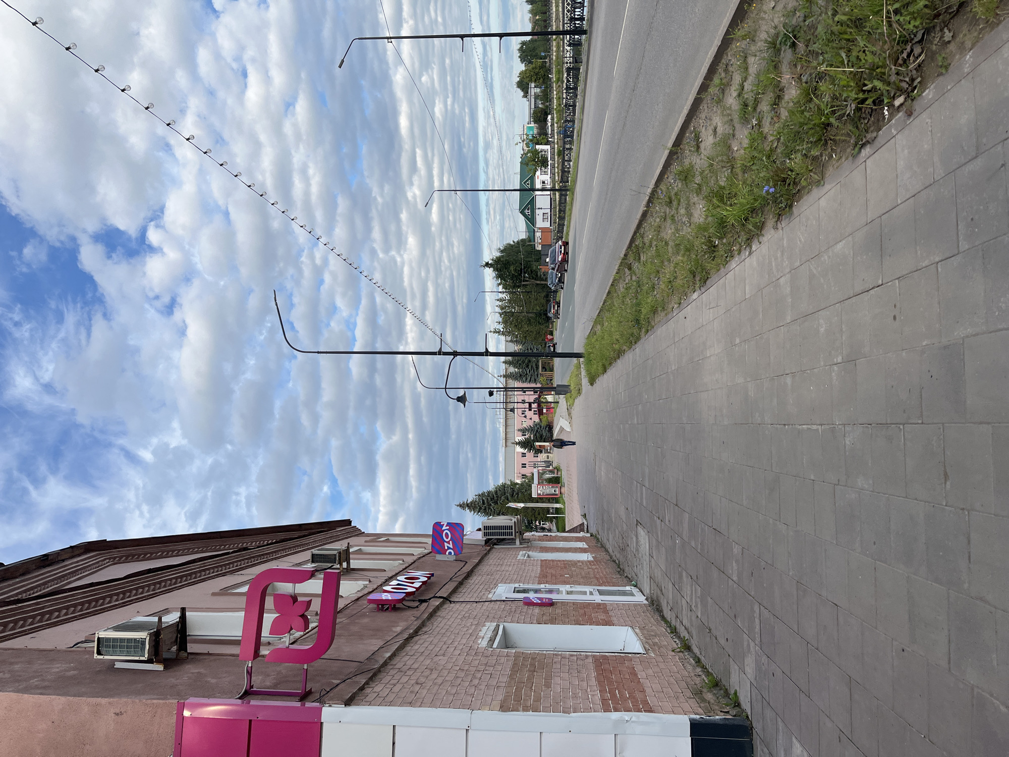 The image shows a street scene in the city of Blagoveshchensk, Russia. The perspective is from a sidewalk looking down a street lined with buildings on the left and a road with cars on the right. A single person is walking away from the camera on the sidewalk. The buildings on the left are multi-story, with brick and stucco facades. One building has a prominent pink logo with a butterfly-like symbol and "OZON" signage. The road on the right has a few cars driving and appears to be a bridge or causeway, with a body of water visible beyond it. The sky is partly cloudy.