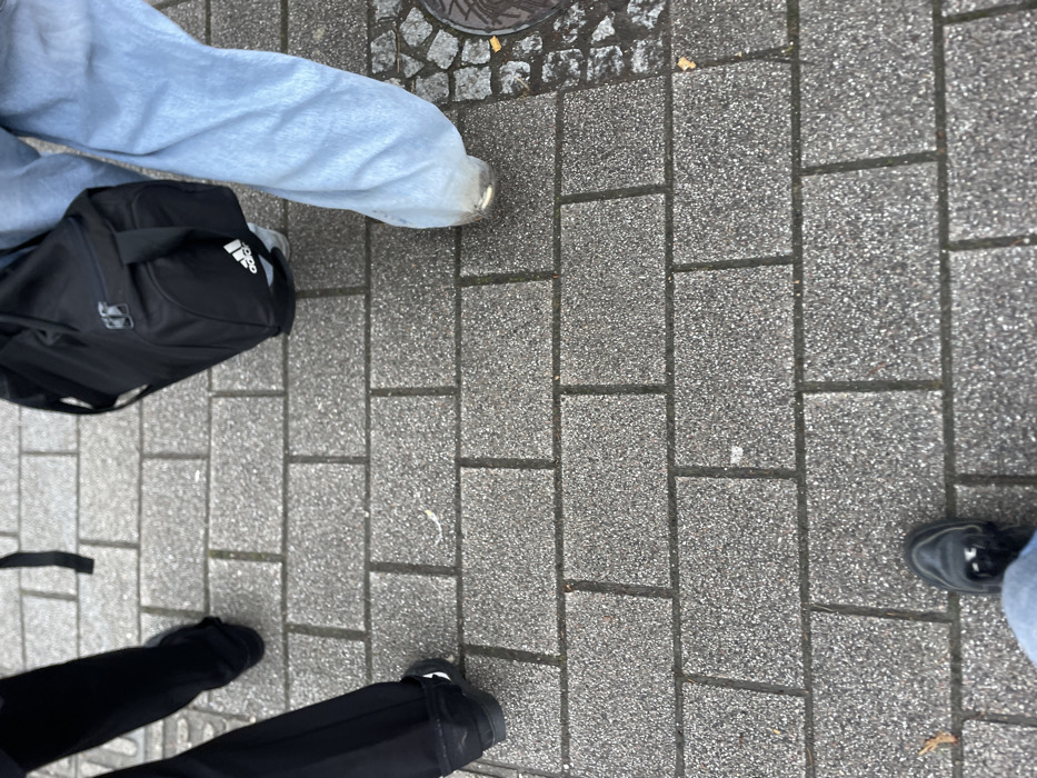 The scene depicts a ground-level view of three individuals' lower extremities standing on a paved surface in Schiltigheim, France. The environment consists primarily of grey, rectangular interlocking pavers forming a sidewalk or pedestrian area. To the far right, a section of smaller, irregularly shaped cobblestones and a circular metal manhole cover are visible.
Three sets of feet and lower legs are present:
1. In the immediate foreground, the lower portion of blue jeans and a black shoe are partially visible, angled left.
2. To the mid-left, a person wears black trousers and black shoes, with one leg visible from mid-calf and the other partially obscured.
3. To the mid-right, a person wears light blue, wide-leg jeans and light-colored shoes, with the bottom hem of the jeans appearing worn or scuffed. This person carries a black Adidas duffel bag with a white logo, positioned to the right of their leg.
Scattered small debris, possibly dried leaves or light specks, are sparsely distributed across the paving. No explicit actions or interactions beyond standing are discernible.