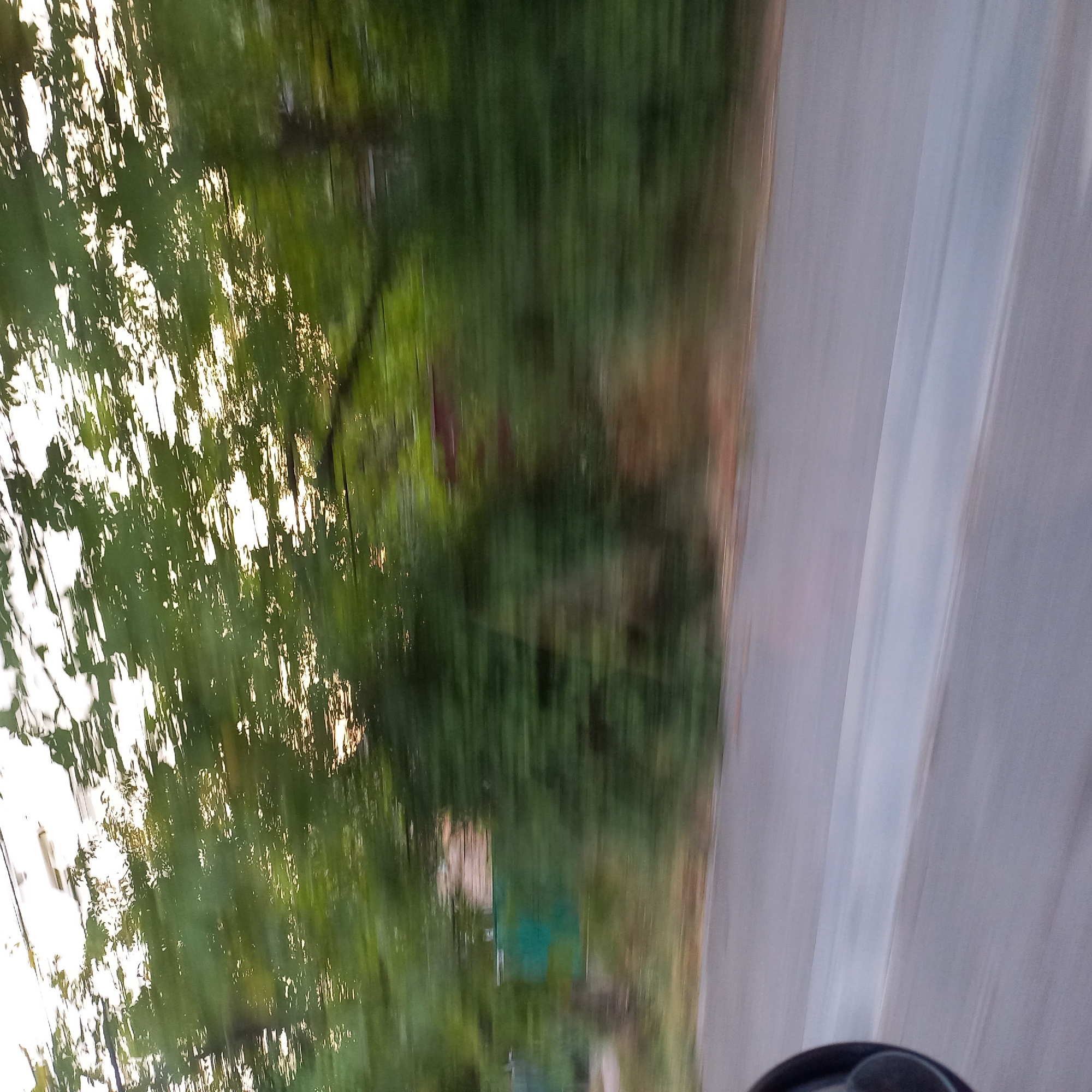 The image shows a blurred, motion-streaked view from a vehicle traveling along a paved road. On the right side of the road, a dense line of green trees borders the scene. In the background, a partially visible building with a light-colored roof and a dark red section can be discerned through the foliage. To the left of the building, a teal-colored structure, possibly a fence or sign, is also visible. The road itself is grey asphalt with a light-colored line running down the center. A portion of a black rearview mirror is visible in the lower left corner, indicating the perspective is from inside a vehicle. The sky above the trees is bright, suggesting daylight. The overall impression is a glimpse of a suburban or rural roadside in Soniachne, Ukraine, captured during movement.