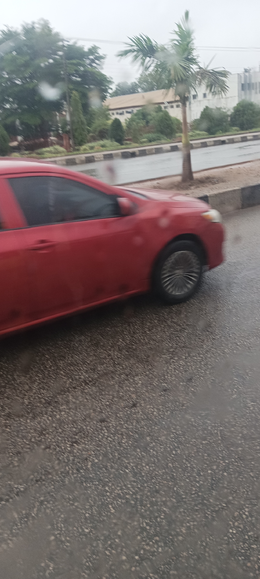 This image captures a red car driving on a wet asphalt road in Barakin Lerawi, Nigeria, under an overcast sky. The overall impression is of a rainy or recently rainy day, with visible water droplets on what appears to be the camera lens.
In the foreground, a bright red sedan is moving from left to right, exhibiting noticeable motion blur on its body and spinning blur on its wheels, indicating movement. The road surface is dark, wet asphalt, reflecting the dull light. A curb with black and white stripes separates the road from a green verge.
The background features abundant green trees and foliage, including a prominent palm tree on the right. Beyond the greenery, several buildings are visible; one appears to be a long, light-colored structure, possibly industrial or institutional, while another to its right is a taller, modern white building. The time of day appears to be daylight, despite the cloudy conditions. No people are visible, and there is no discernible text in the image.
