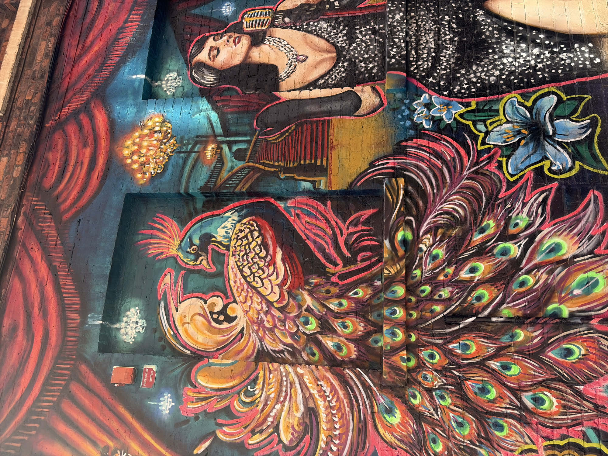 The image depicts a vibrant mural located in Manchester, United Kingdom. The mural features a woman with dark hair and pale skin, adorned with a necklace and wearing a black dress. She is reclining near what appears to be a staircase and a chandelier. Below her is a large peacock with multicolored feathers, prominently displayed. The mural is painted on a brick wall, with additional details such as flowers and stage curtains included in the composition. A "Firefighter Switch" sign is visible on the wall.
