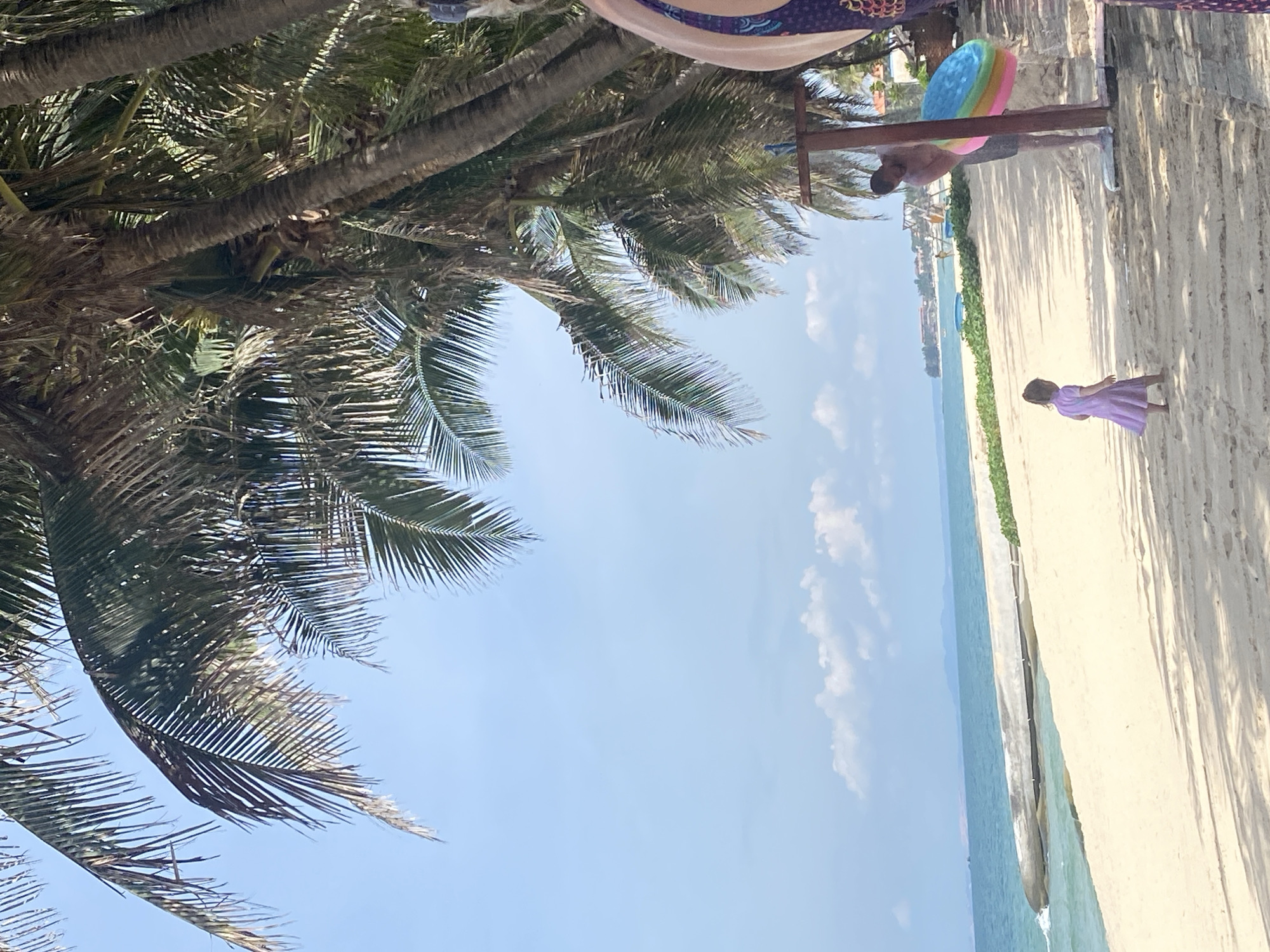 The image depicts a beach scene in Phu Thuy Ward, Vietnam, under a clear blue sky with scattered white clouds. The foreground is dominated by the fronds of a palm tree, casting shadows on the sandy beach.
In the middle ground, a young girl in a purple dress stands on the sand, facing away from the camera and towards the ocean. Behind her, a man is visible near a wooden structure, which has a colorful, circular object resembling a ring or inflatable toy attached to it. This area suggests a recreational spot.
The background shows the calm, turquoise ocean meeting a sandy shoreline, with lush green vegetation bordering the beach further inland. Distant buildings are also faintly visible, suggesting a populated coastal area. The lighting indicates it is daytime, likely late morning or early afternoon, with the sun casting distinct shadows. The overall mood appears relaxed and summery, consistent with a beach vacation or outing. No visible text is present in the image.